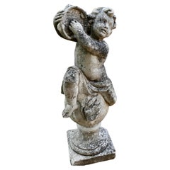 Large Old Weathered Statue of a Putti Playing Tambourine 