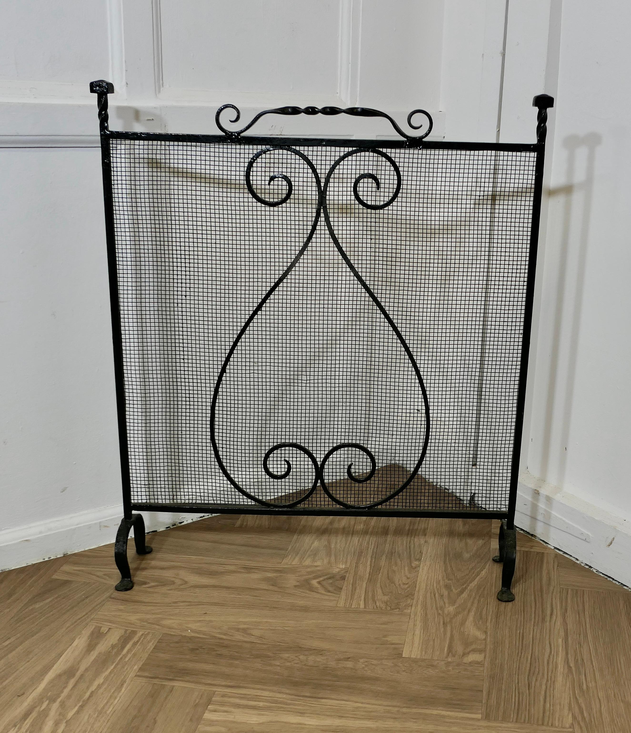 Large Old Wrought Iron Fire Screen

This is a very useful piece, with a fine mesh guard and decorative iron work
In good sound used condition and a very attractive addition to any Fire Place
The screen, is 26” wide, 30” tall and 6” deep at the