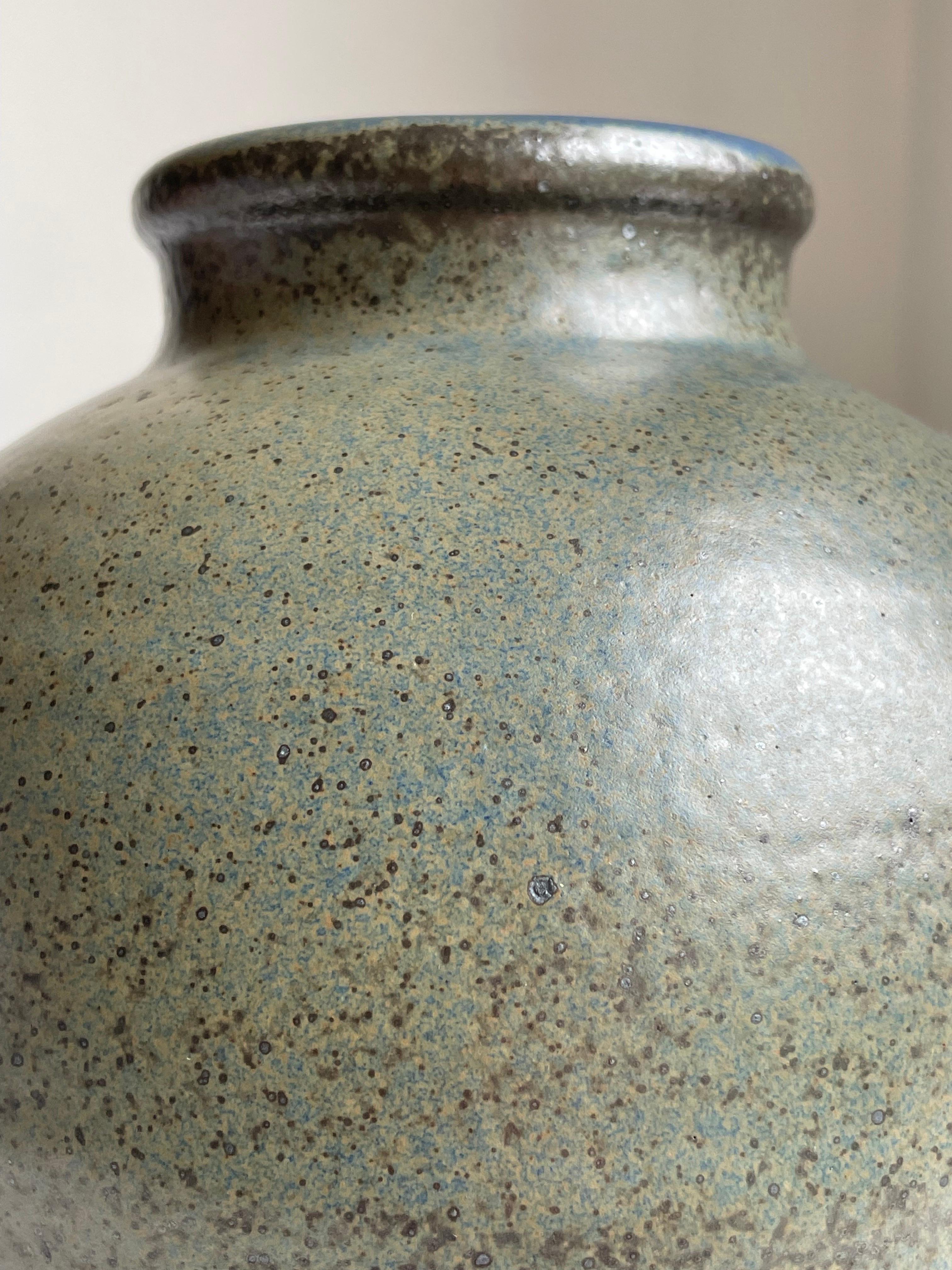 Large Olive Brown Blue Crystal Glaze Round Vase, 1960s For Sale 2