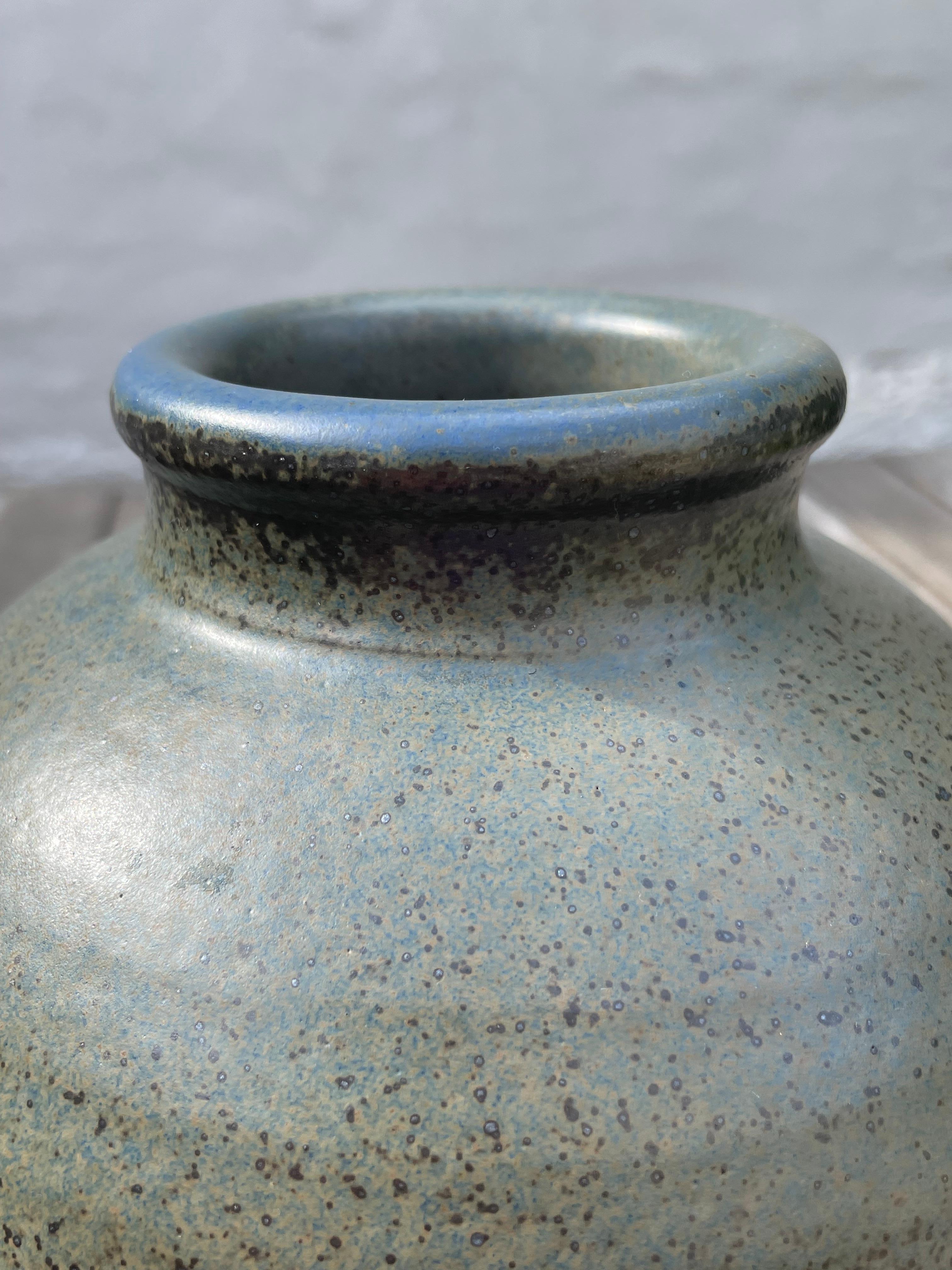 Large Olive Brown Blue Crystal Glaze Round Vase, 1960s For Sale 3