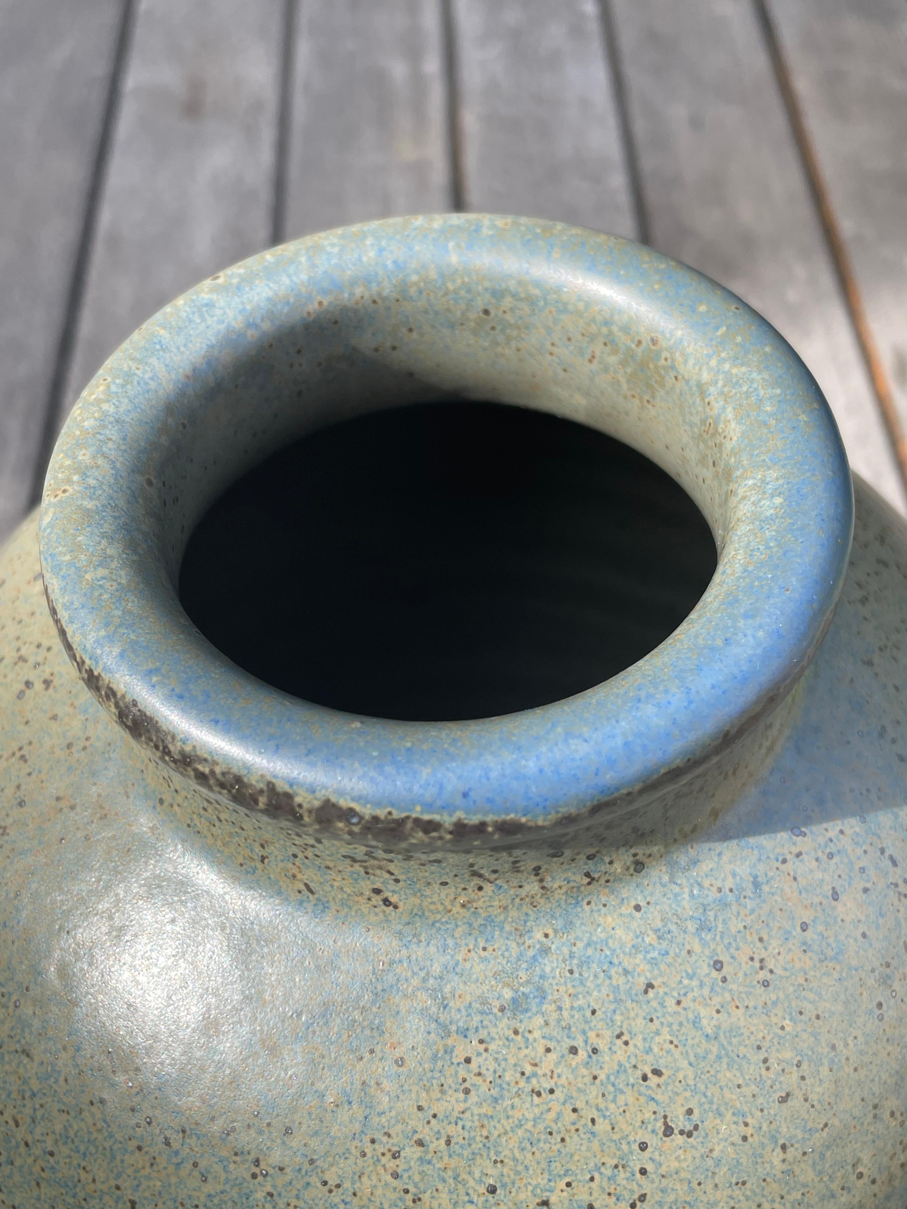 Large Olive Brown Blue Crystal Glaze Round Vase, 1960s For Sale 11