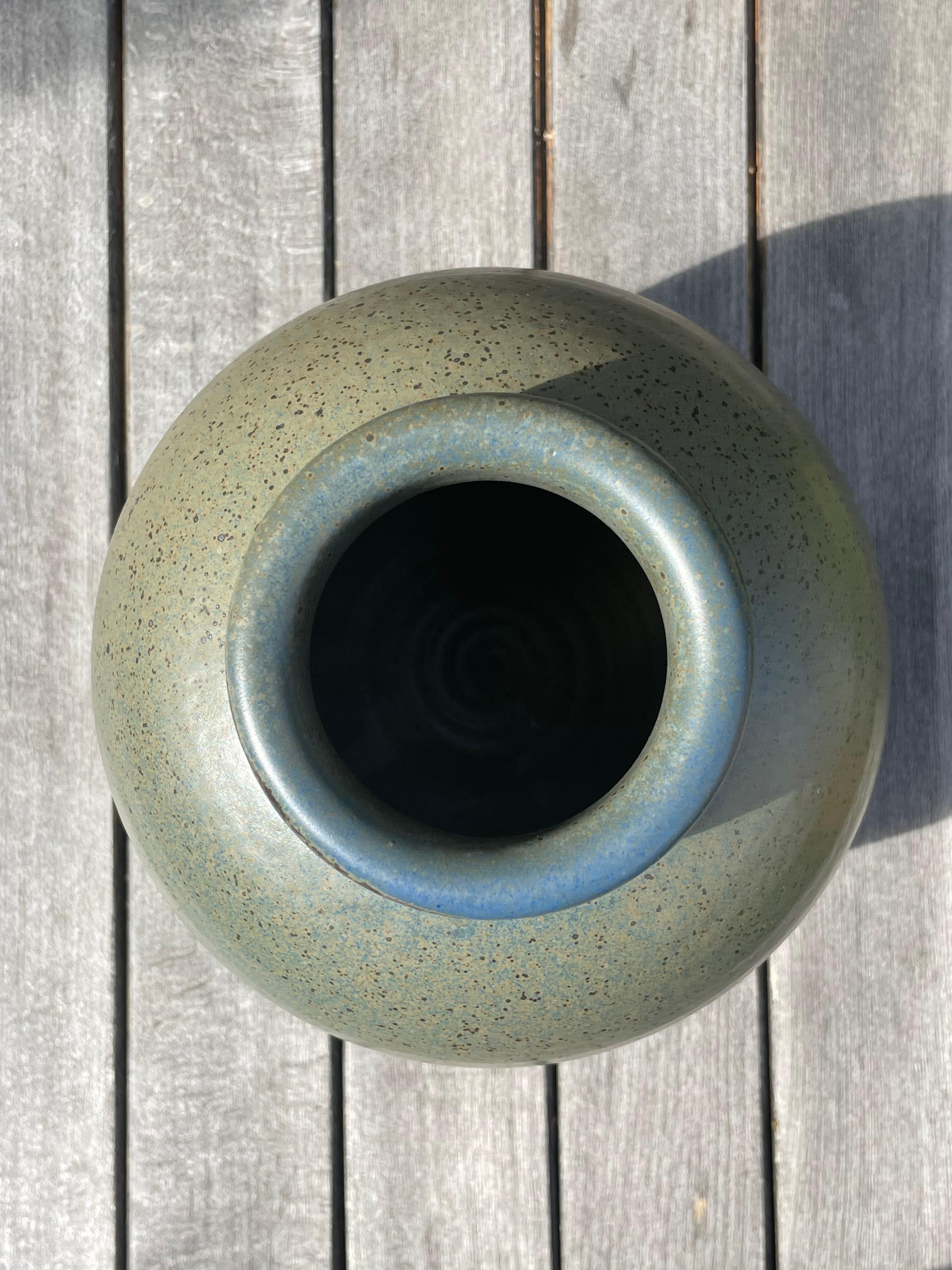 Large Olive Brown Blue Crystal Glaze Round Vase, 1960s For Sale 12