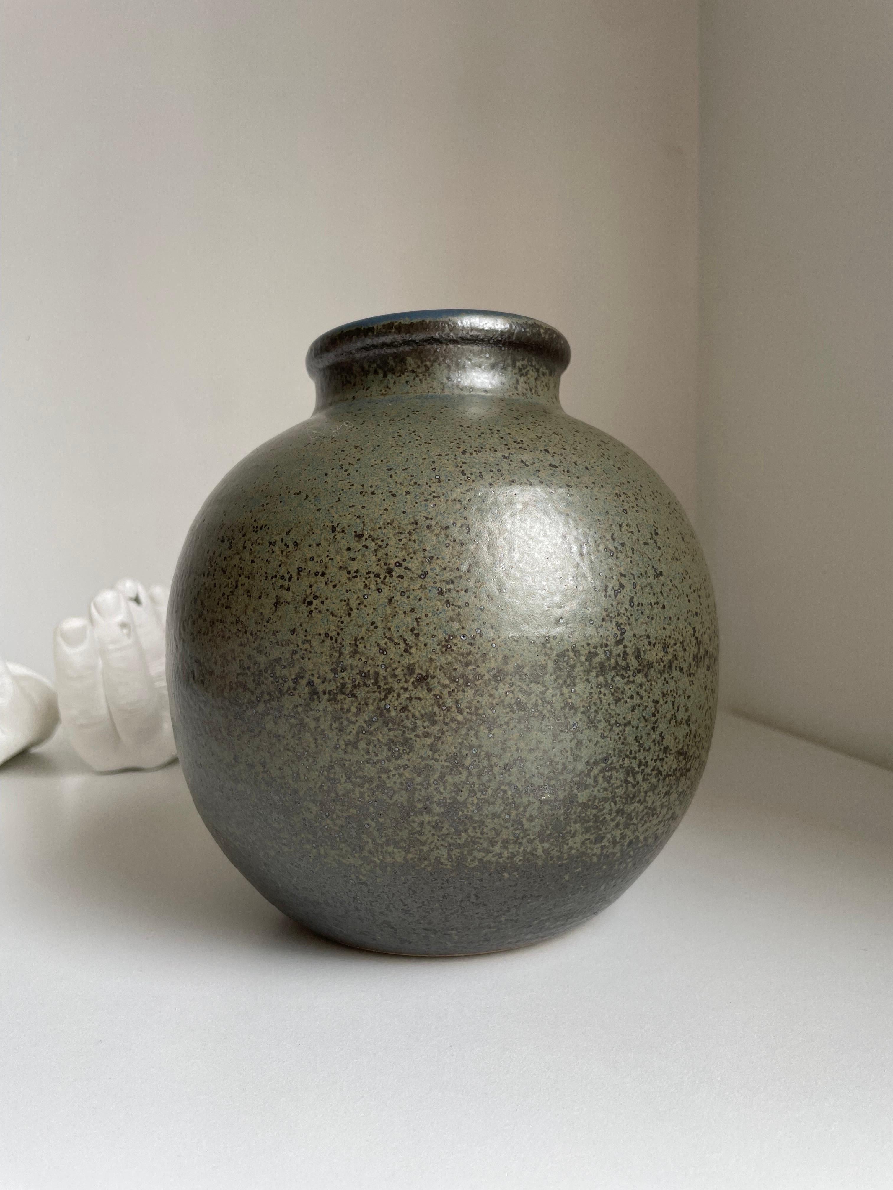 Danish Large Olive Brown Blue Crystal Glaze Round Vase, 1960s For Sale