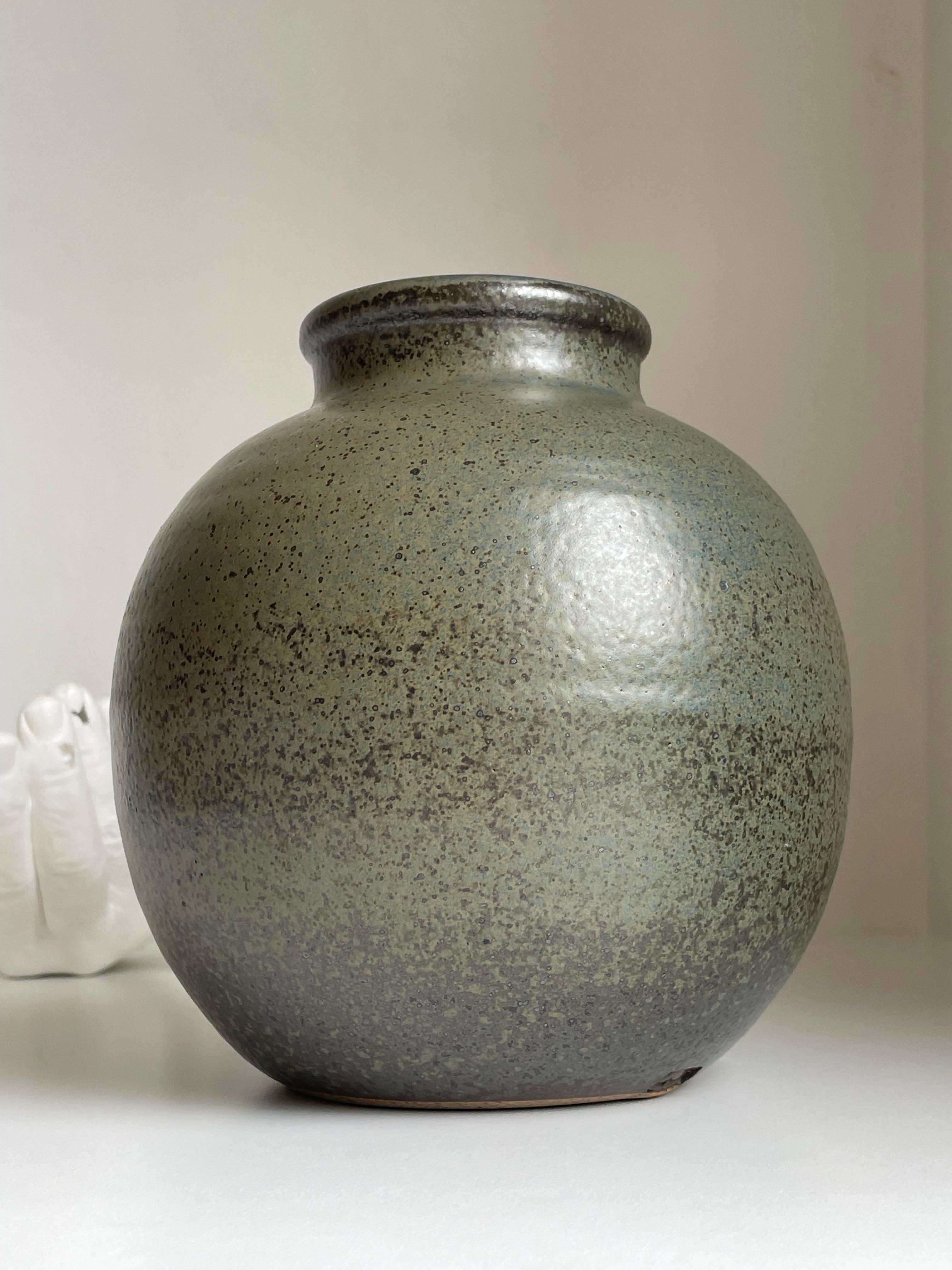 20th Century Large Olive Brown Blue Crystal Glaze Round Vase, 1960s For Sale