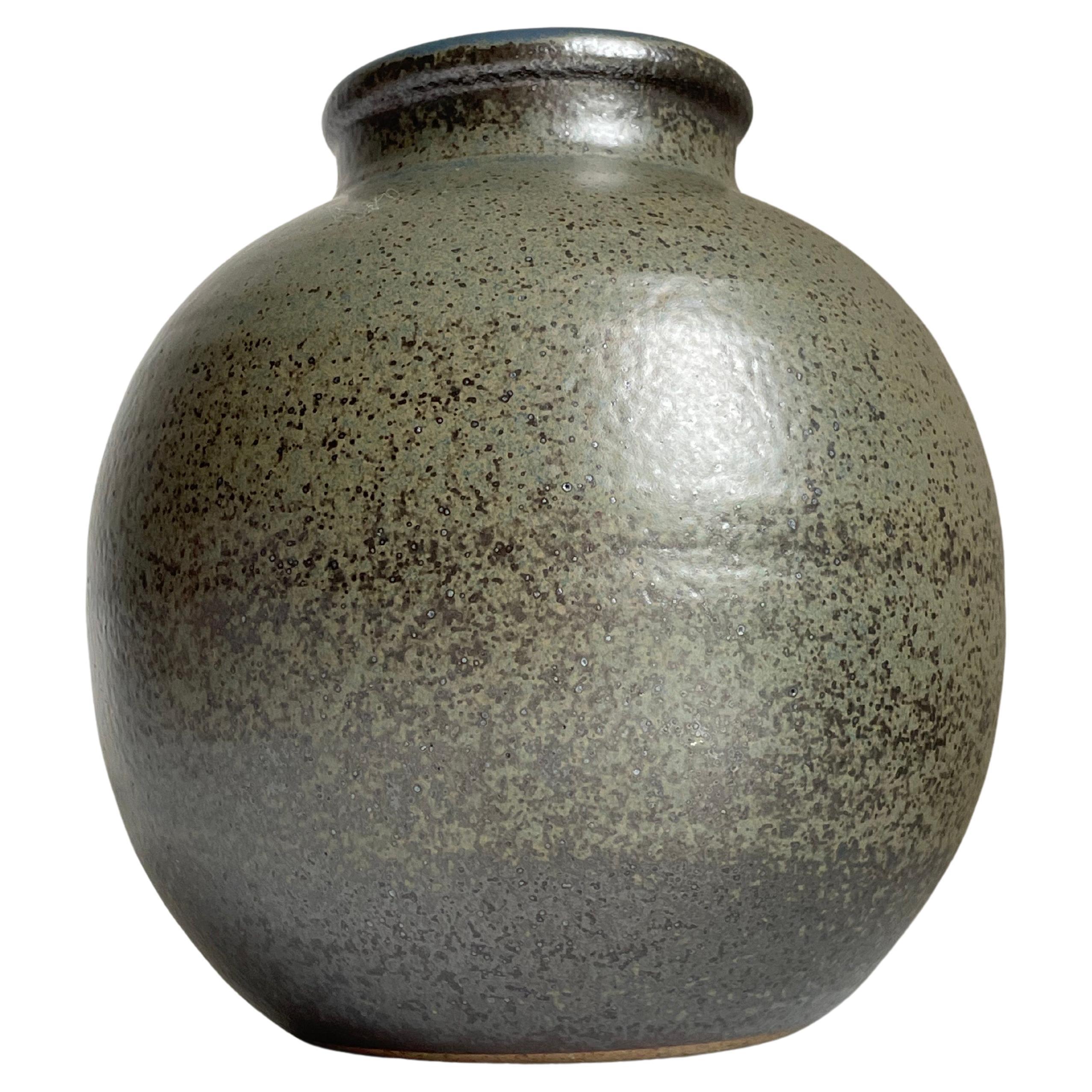 Large Olive Brown Blue Crystal Glaze Round Vase, 1960s For Sale