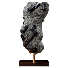 Large Olive Fuchsite and Black Tourmaline on Solid Bronze Base