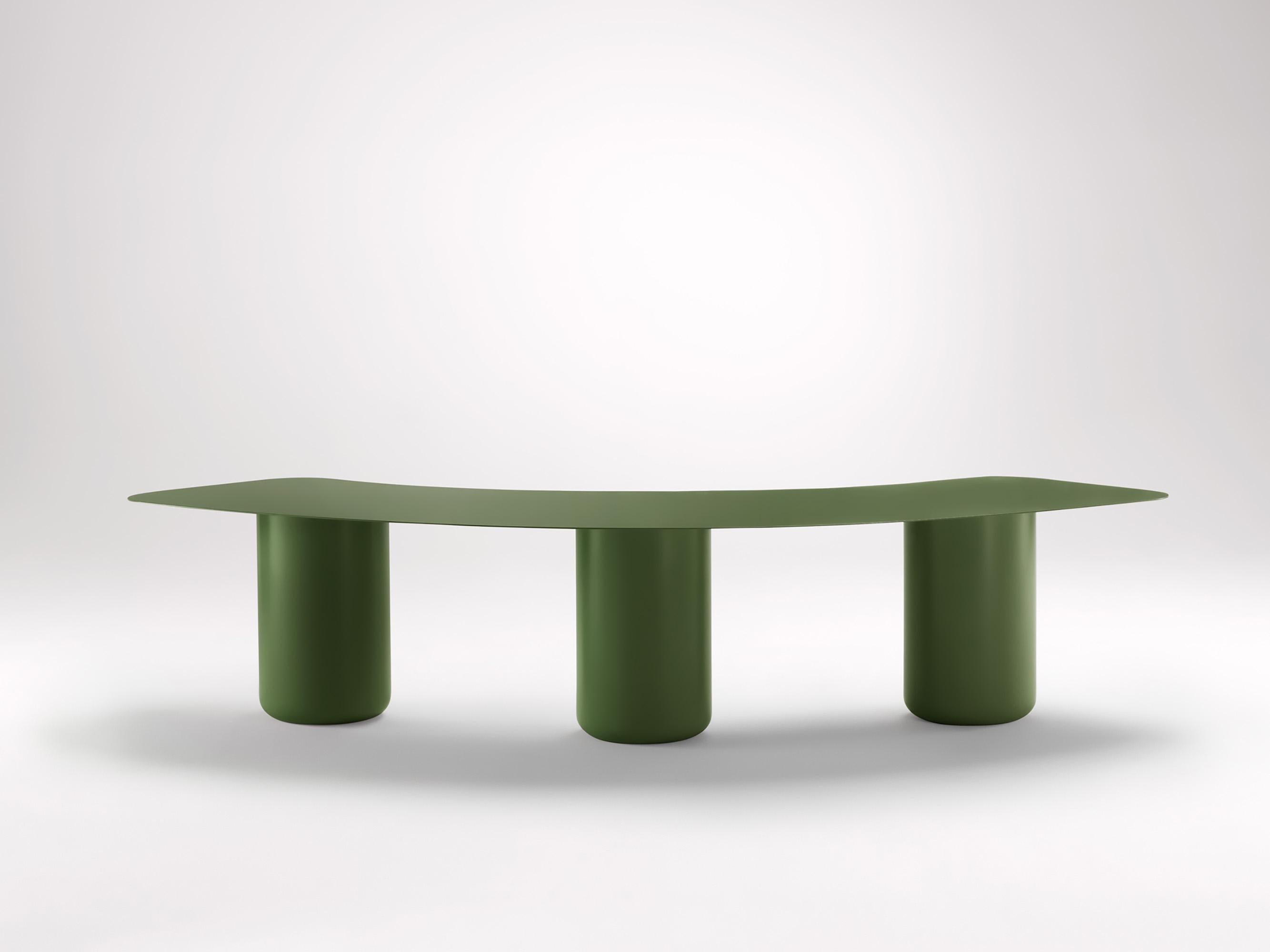 Large Olive Green Curved Bench by Coco Flip
Dimensions: D 75 x W 200 x H 42 cm
Materials: Mild steel, powder-coated with zinc undercoat. 
Weight: 44 kg

Coco Flip is a Melbourne based furniture and lighting design studio, run by us, Kate Stokes and