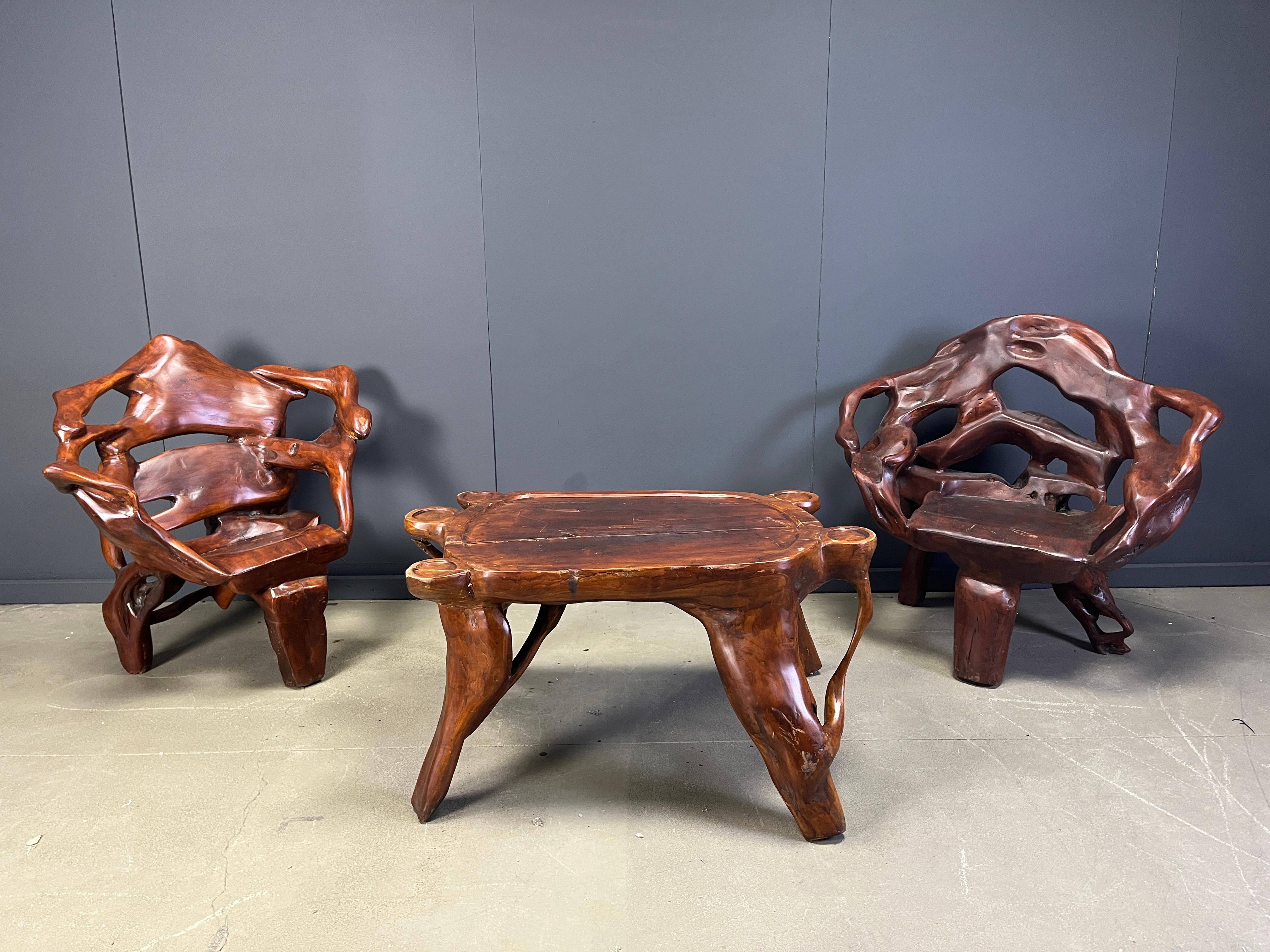 Large olive tree root chair set, 1960s For Sale 9