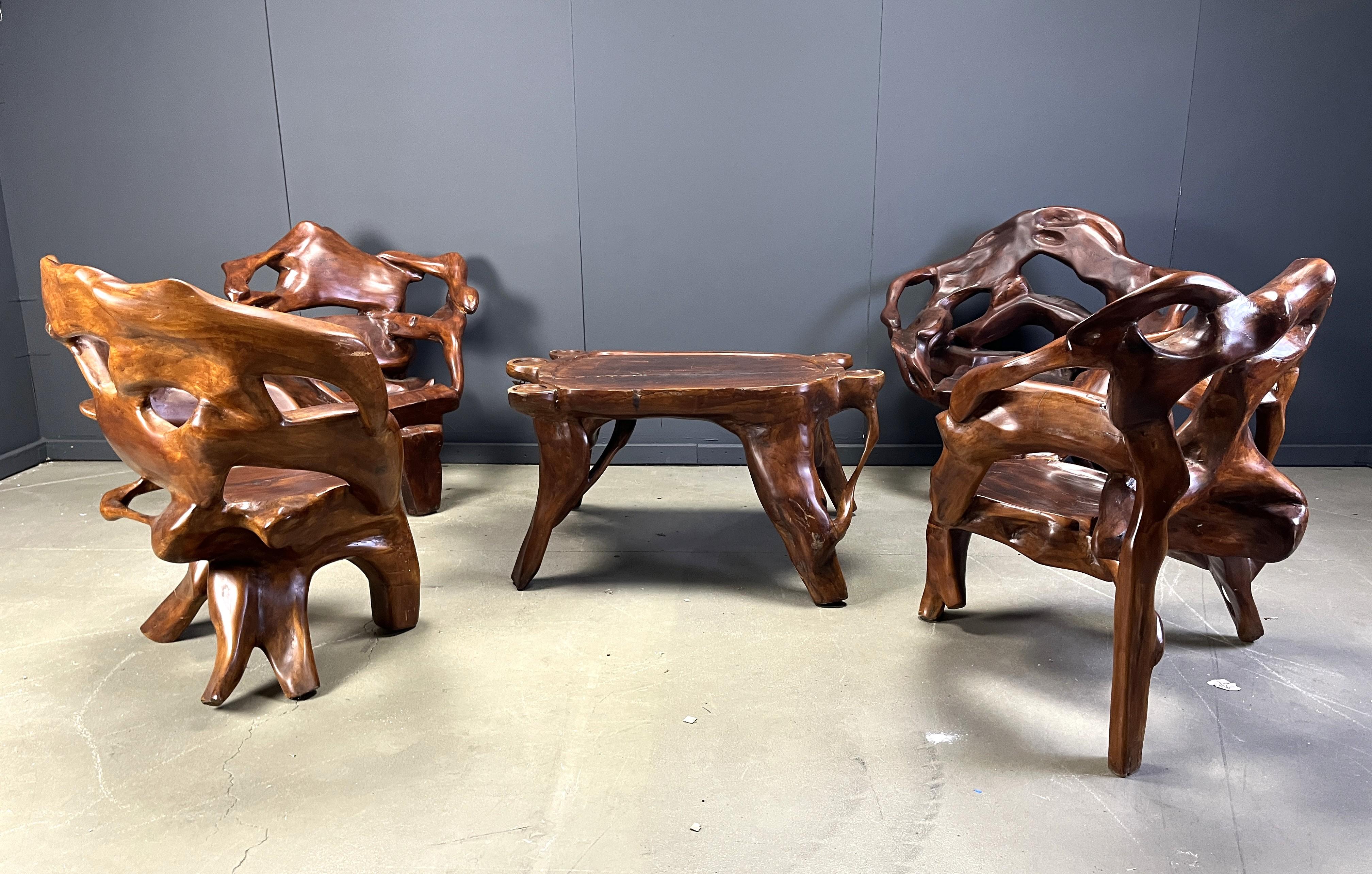 Large olive tree root chair set, 1960s For Sale 10