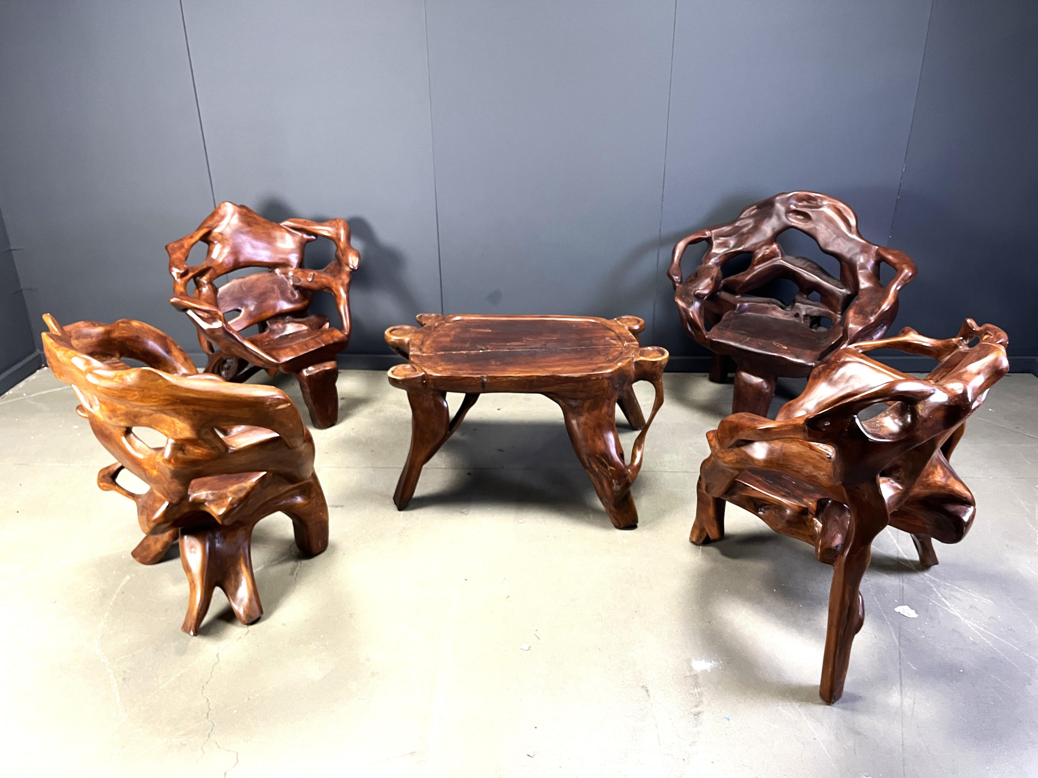 Large olive tree root chair set, 1960s For Sale 12