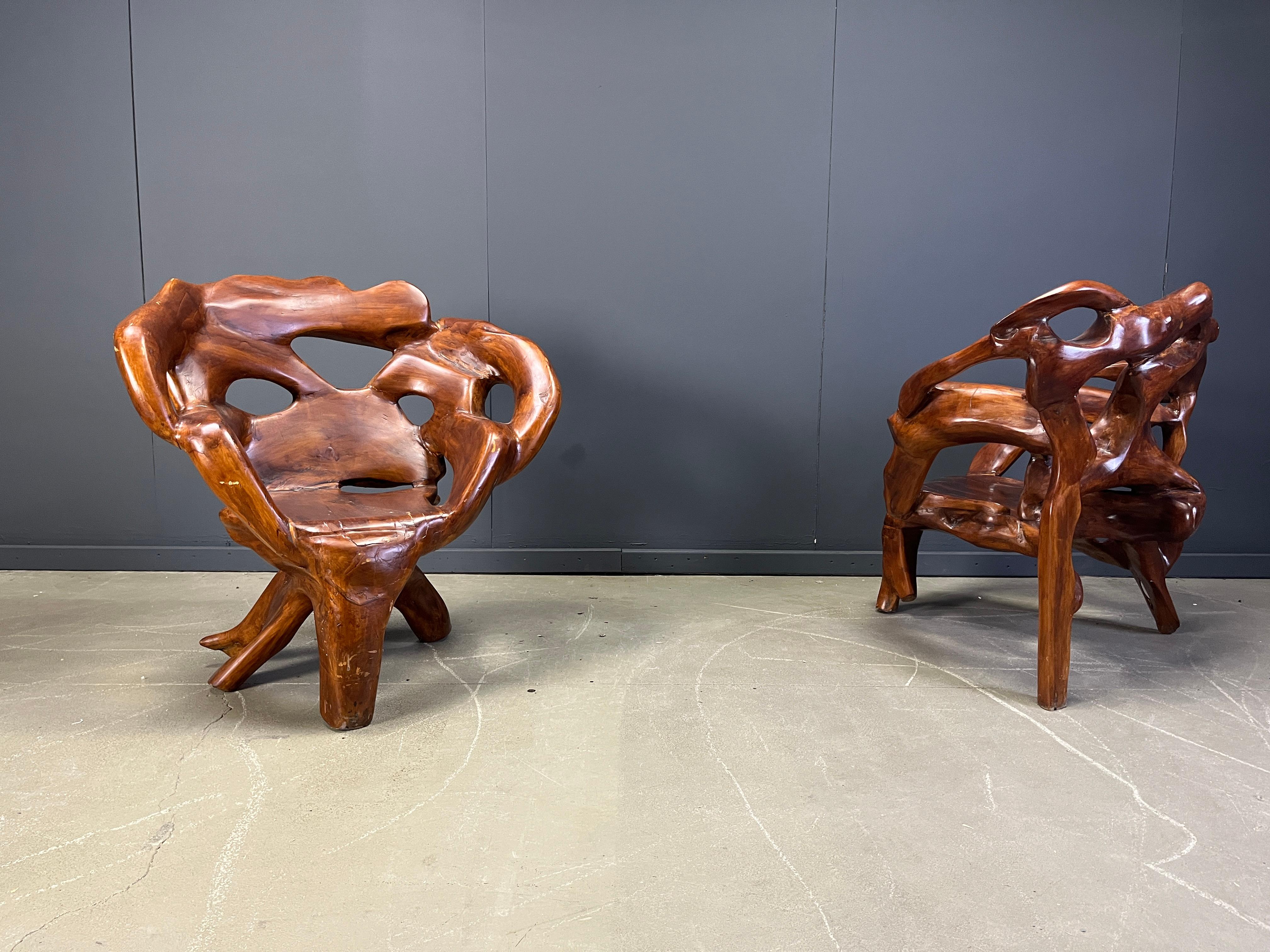 Brutalist Large olive tree root chair set, 1960s For Sale