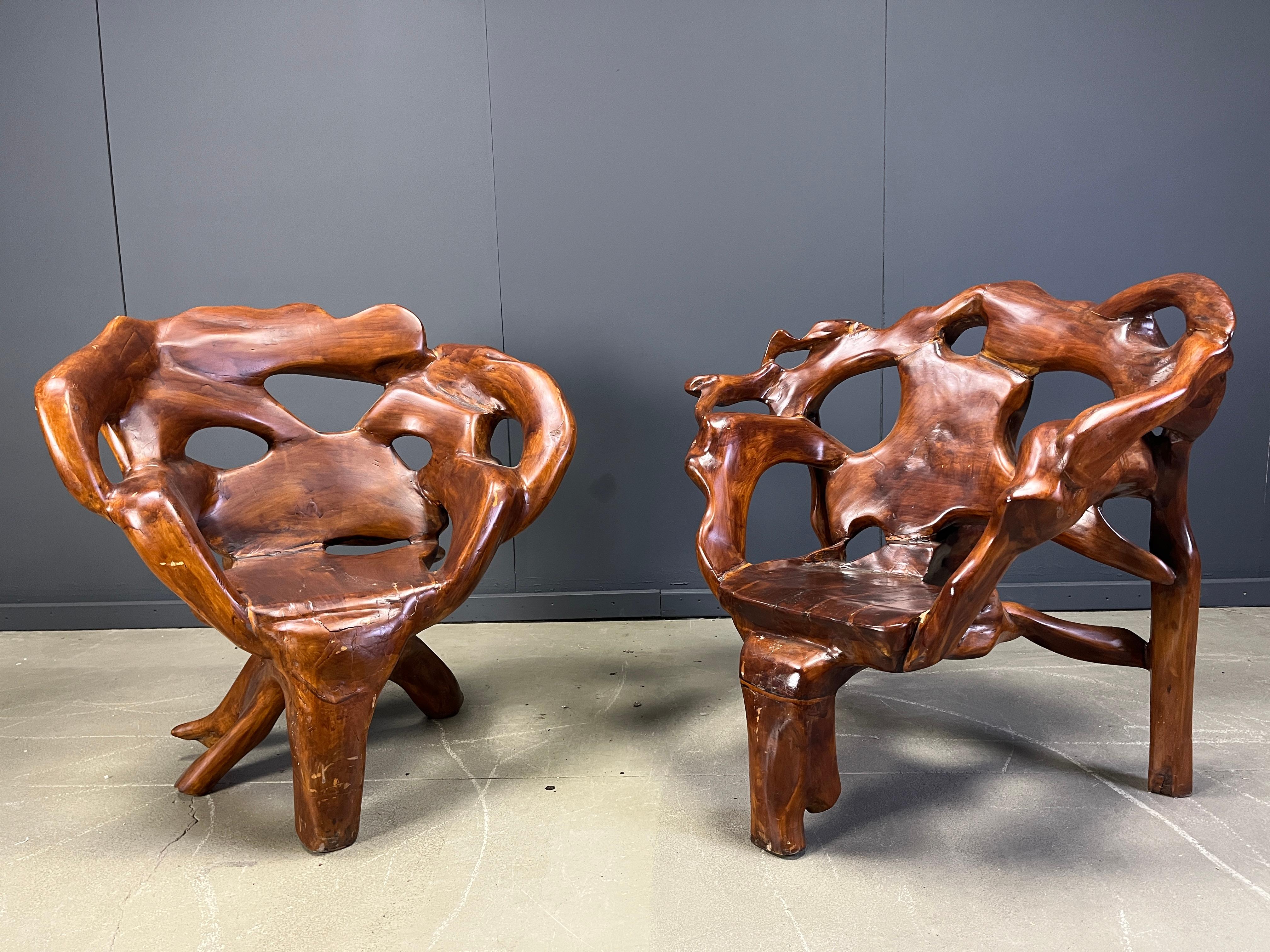 Olive Large olive tree root chair set, 1960s For Sale