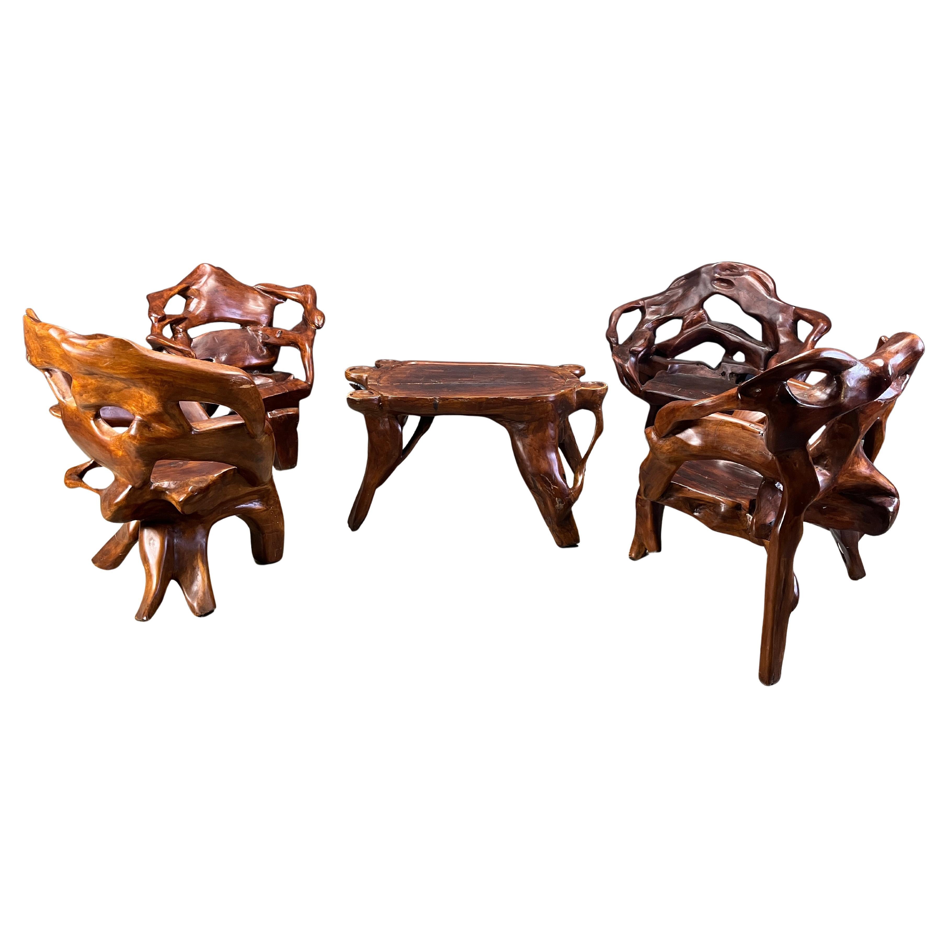Large olive tree root chair set, 1960s For Sale