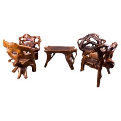 Large olive tree root chair set, 1960s
