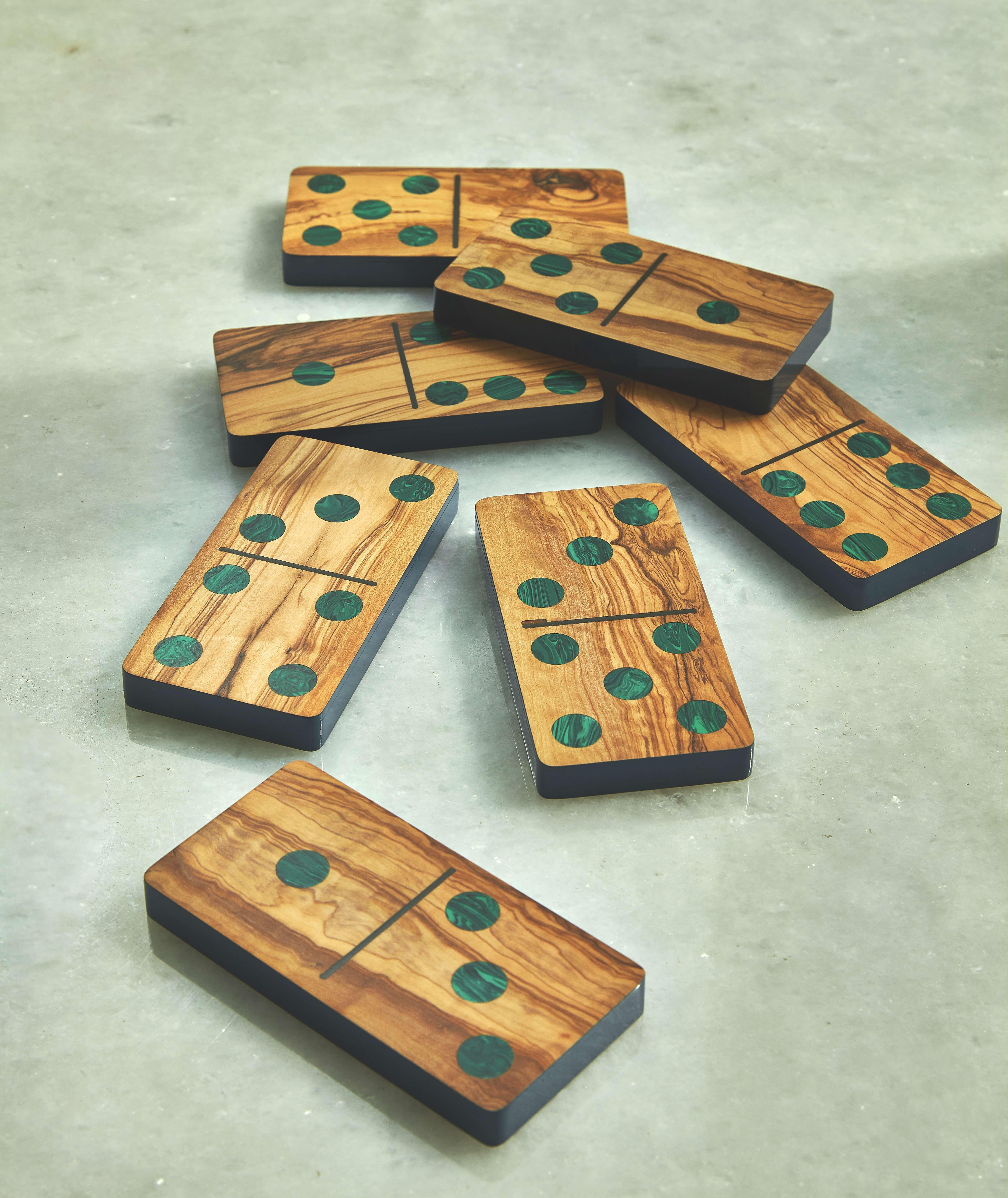 Other Large Olive Wood Domino Set- Green Malachite Dot & Blue Finish- 28 Pieces