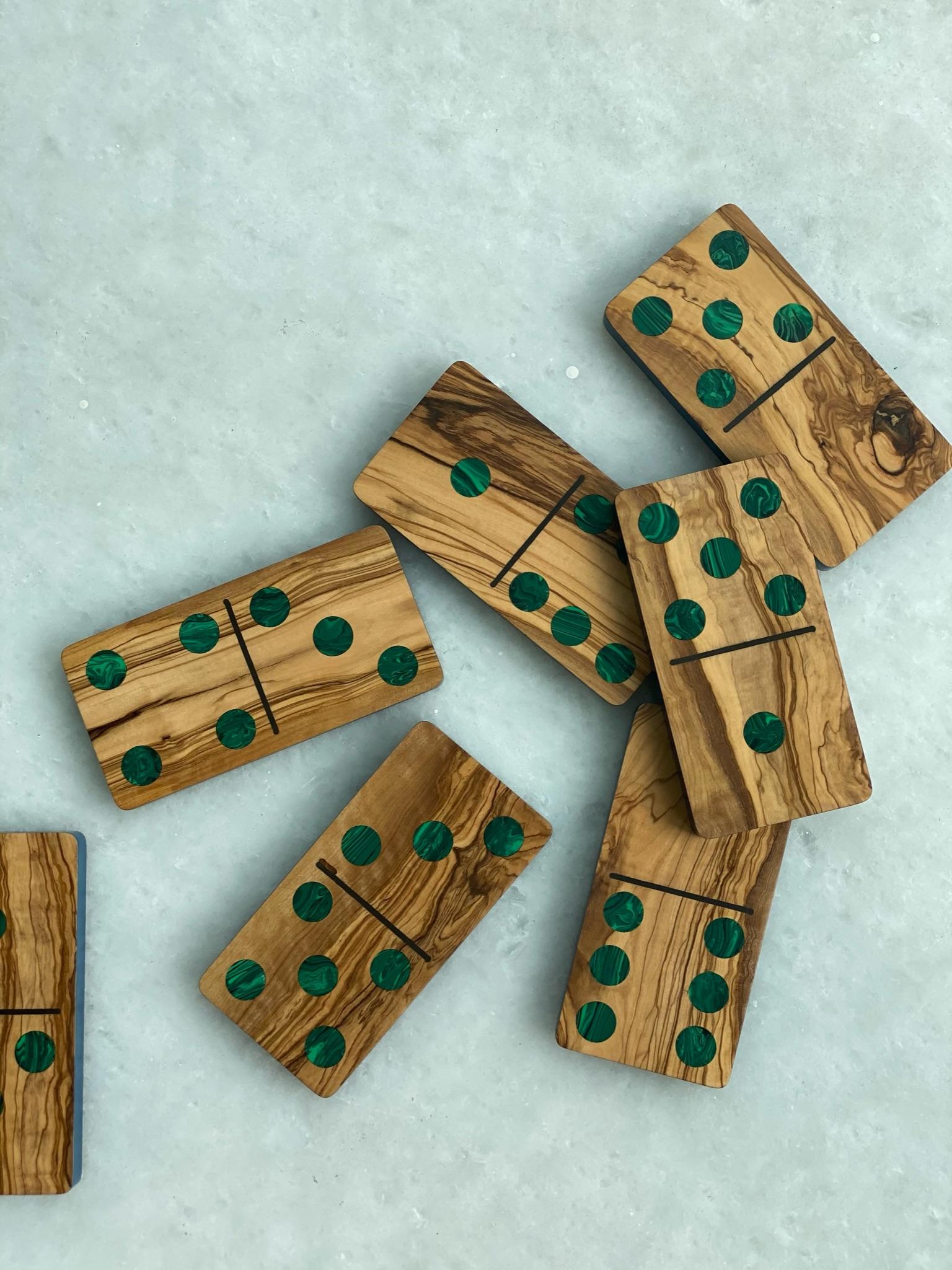 Colombian Large Olive Wood Domino Set- Green Malachite Dot & Blue Finish- 28 Pieces