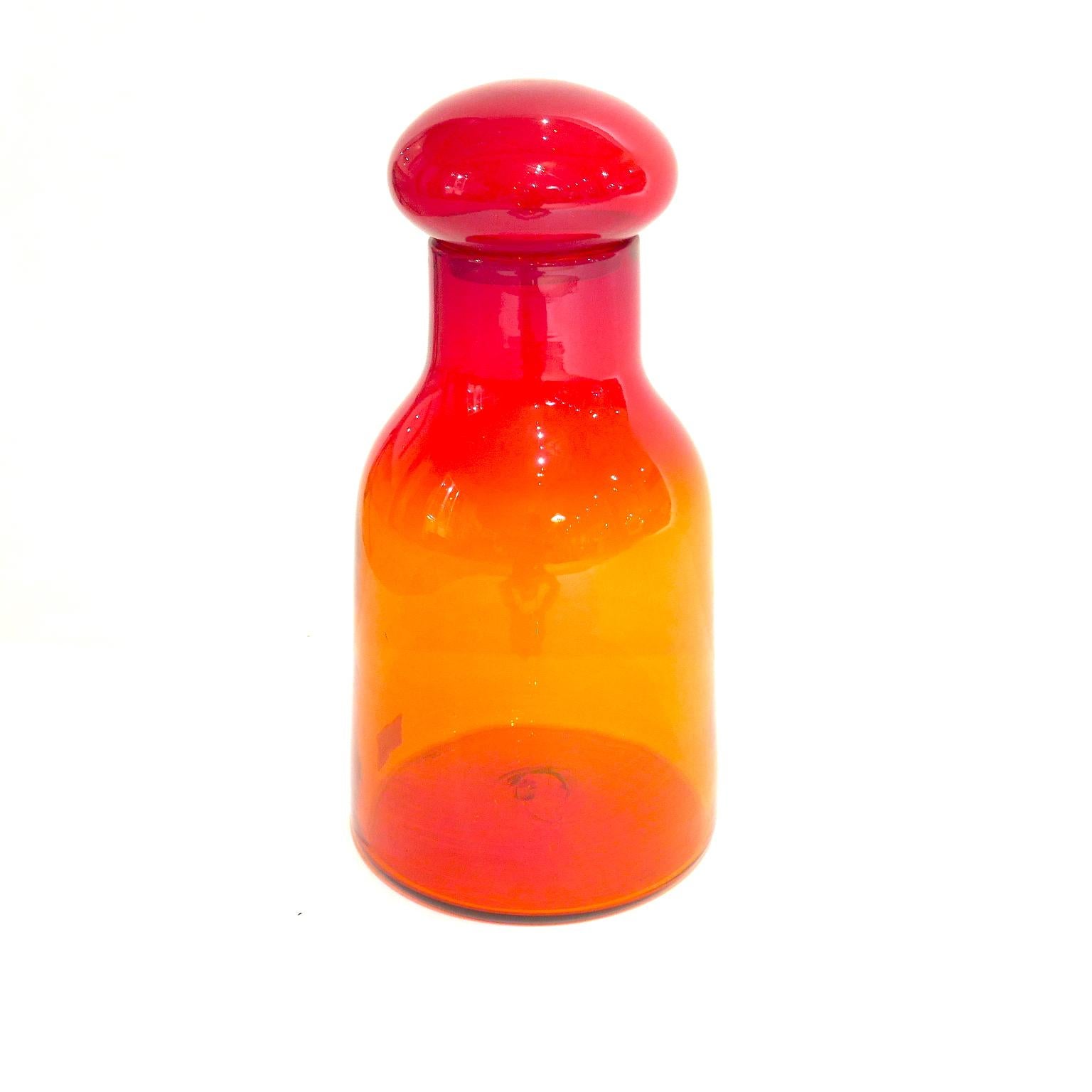 John Nickerson for Blenko architectural decanter #7430 with lid/stopper in a orange, red, yellow color in great condition.