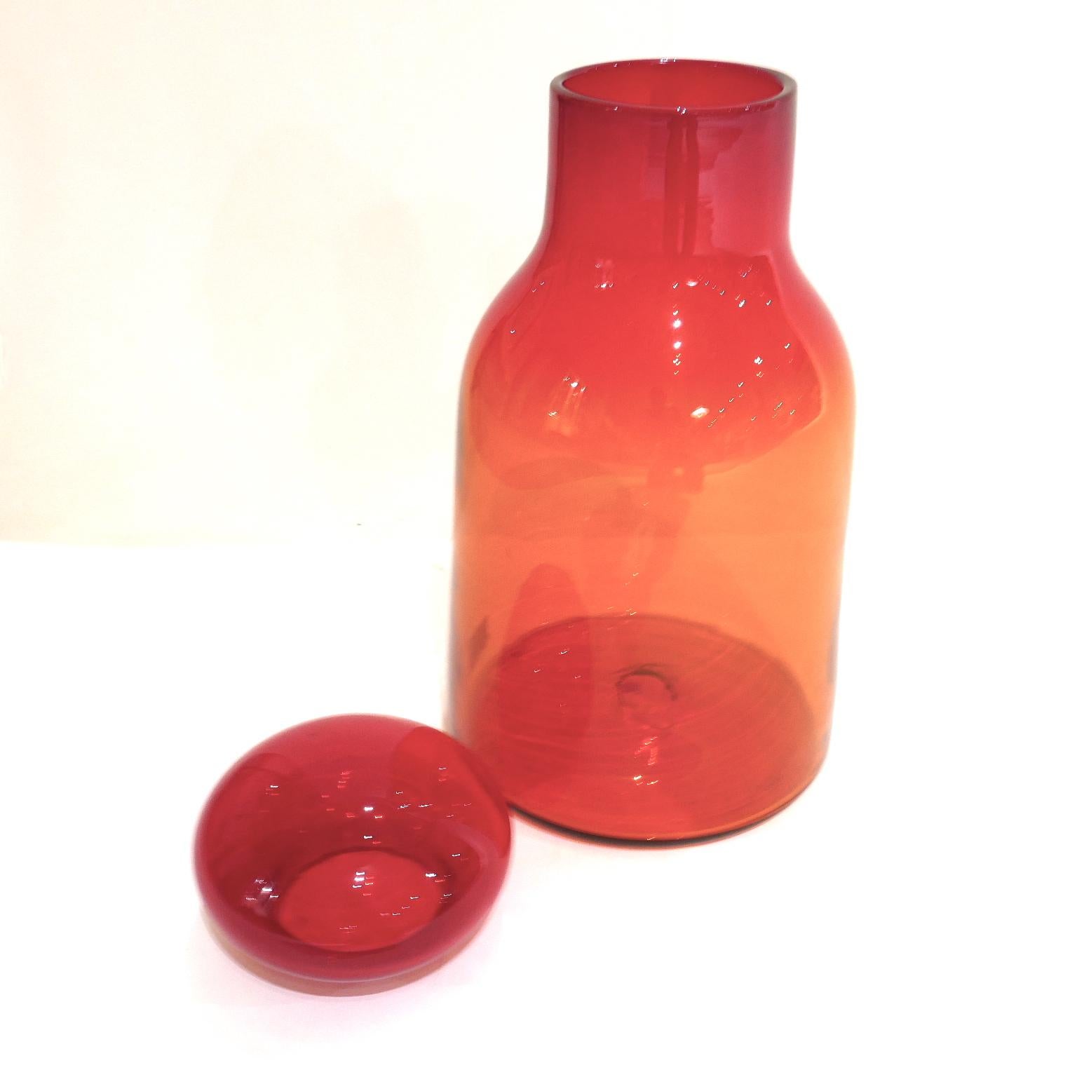 American Large Ombre Blown Blenko Orange Decanter with Lid by John Nickerson