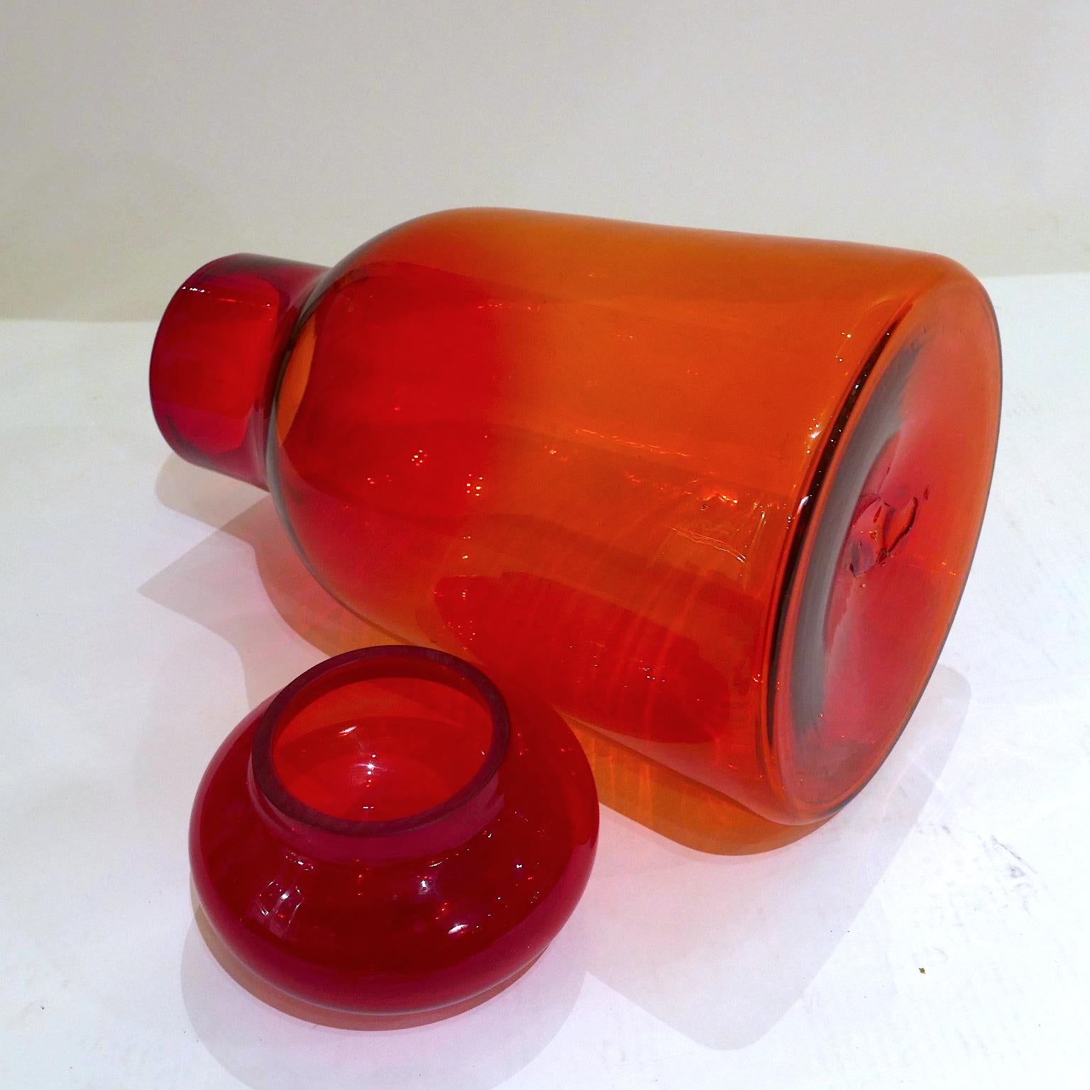 Glass Large Ombre Blown Blenko Orange Decanter with Lid by John Nickerson