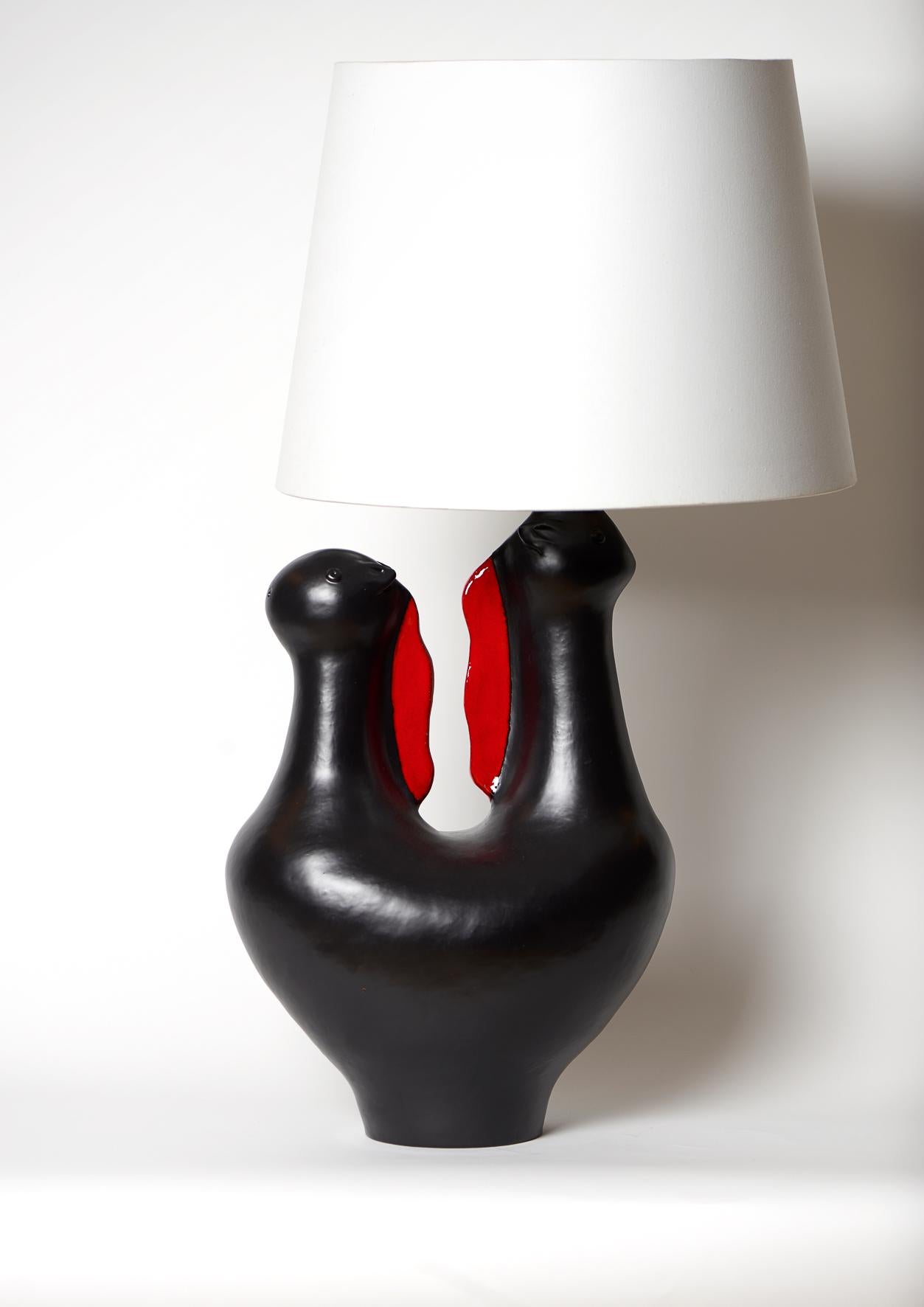 Large hand-sculpted ceramic sculpture or lamp base, stoneware glazed in mat black and shiny red enamel 
One of a kind signed by the French ceramicists Dalo. 
The height dimension is for the ceramic sculpture solely

Note to international