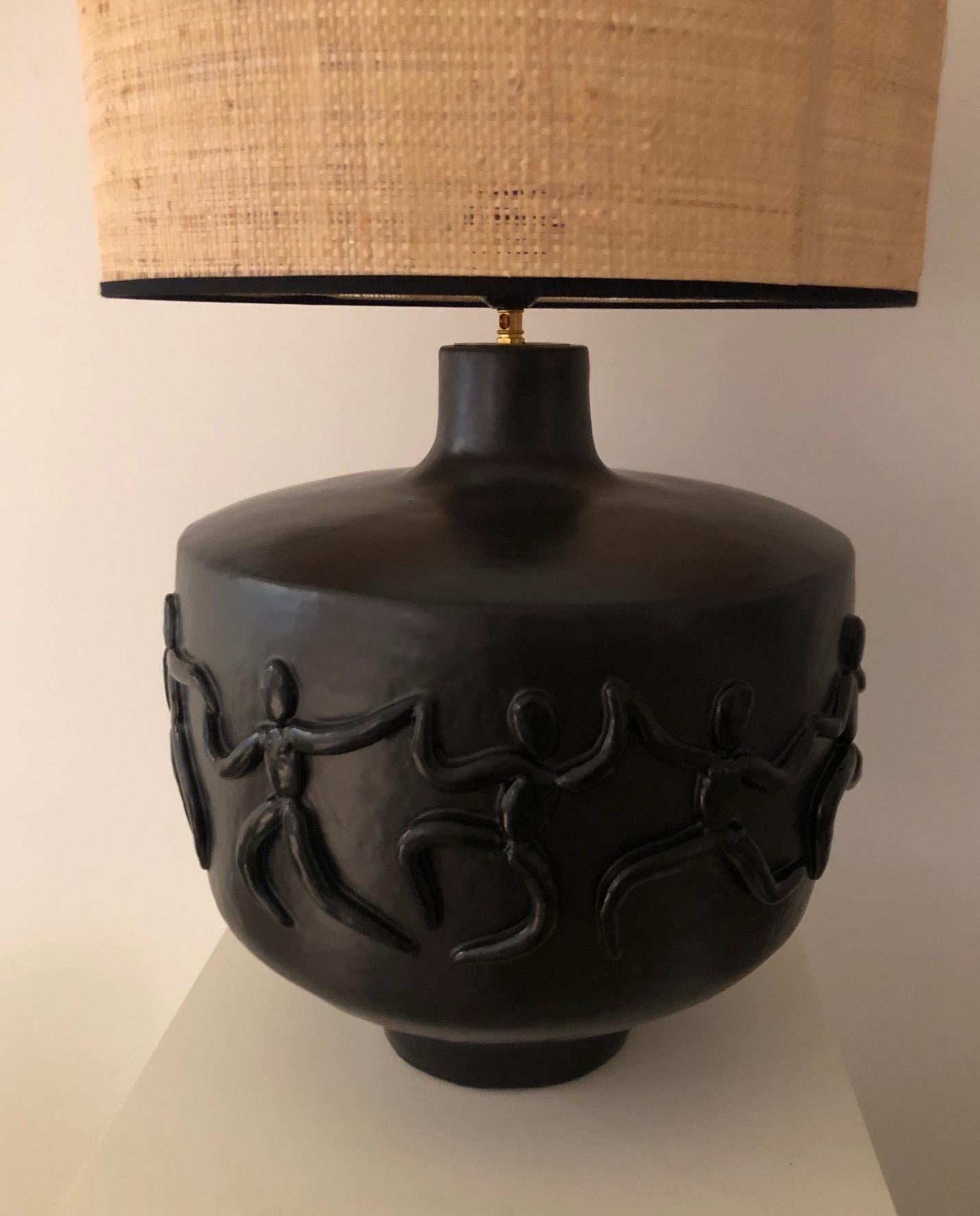 French Large One of a Kind Black Ceramic Lamp Base Signed by Dalo For Sale