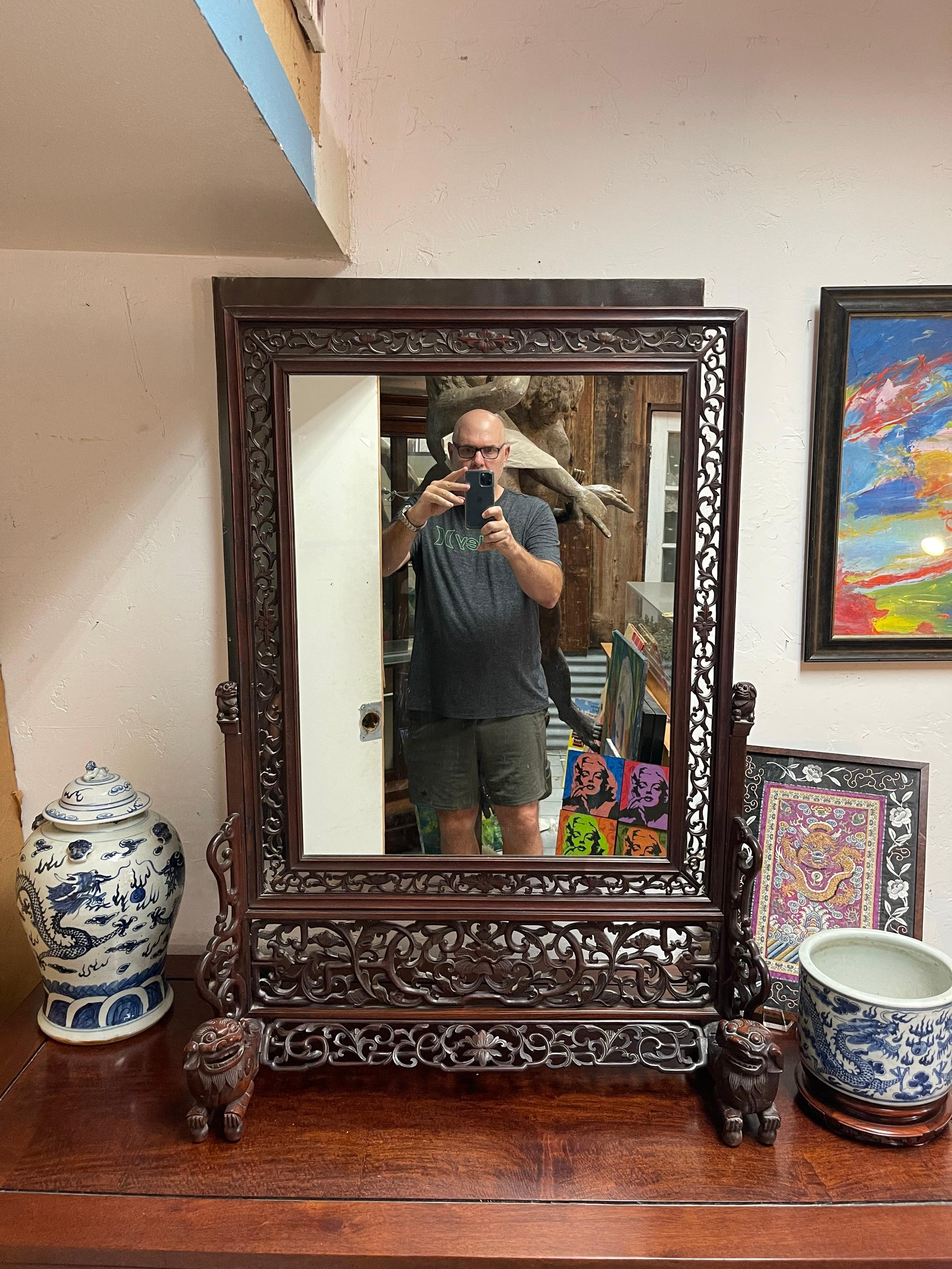 Large One-of-a-Kind Chinese Rosewood Table Mirror with Foo Dogs & Lattice Work In Good Condition For Sale In San Diego, CA