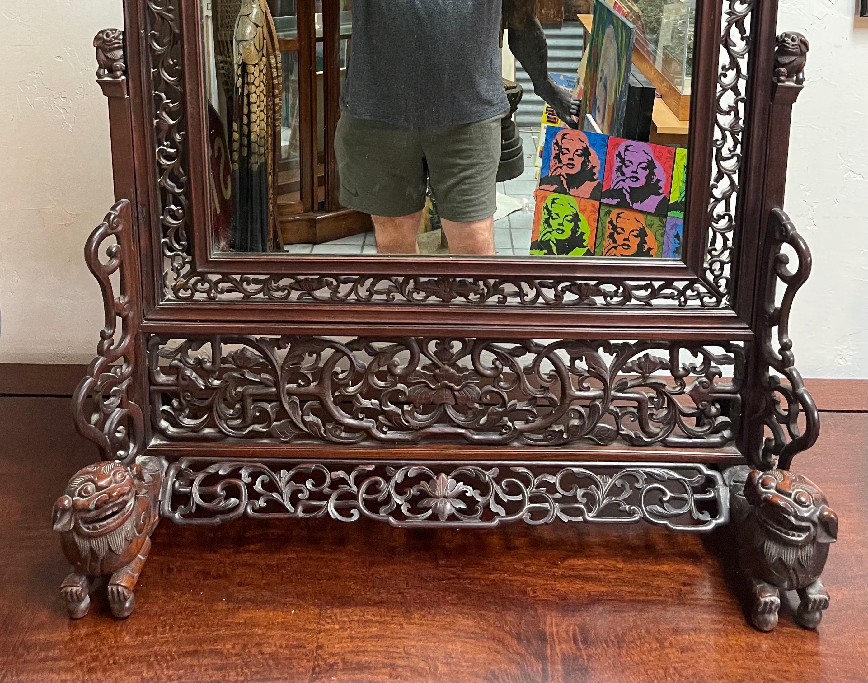 20th Century Large One-of-a-Kind Chinese Rosewood Table Mirror with Foo Dogs & Lattice Work For Sale