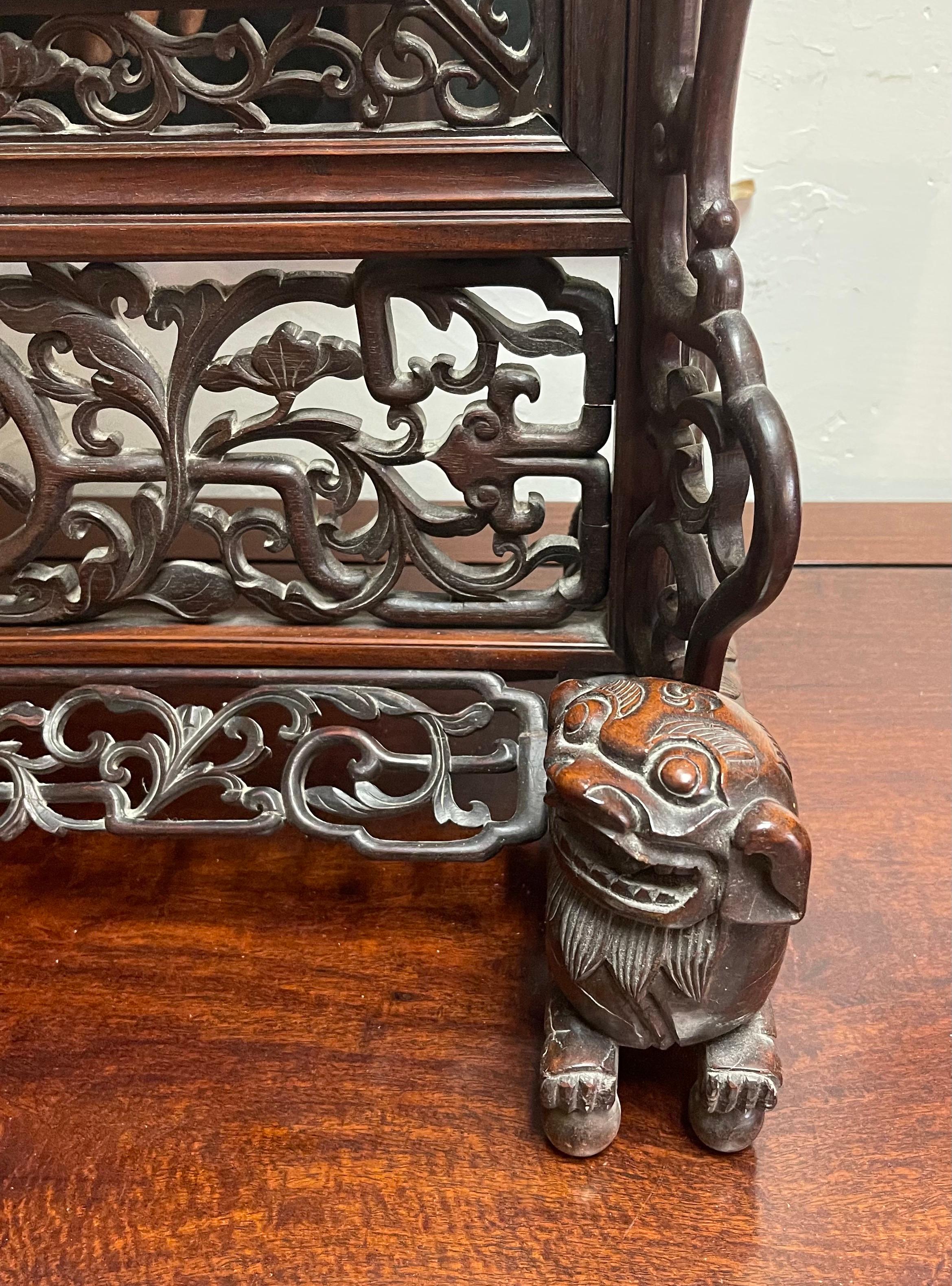 Large One-of-a-Kind Chinese Rosewood Table Mirror with Foo Dogs & Lattice Work For Sale 1