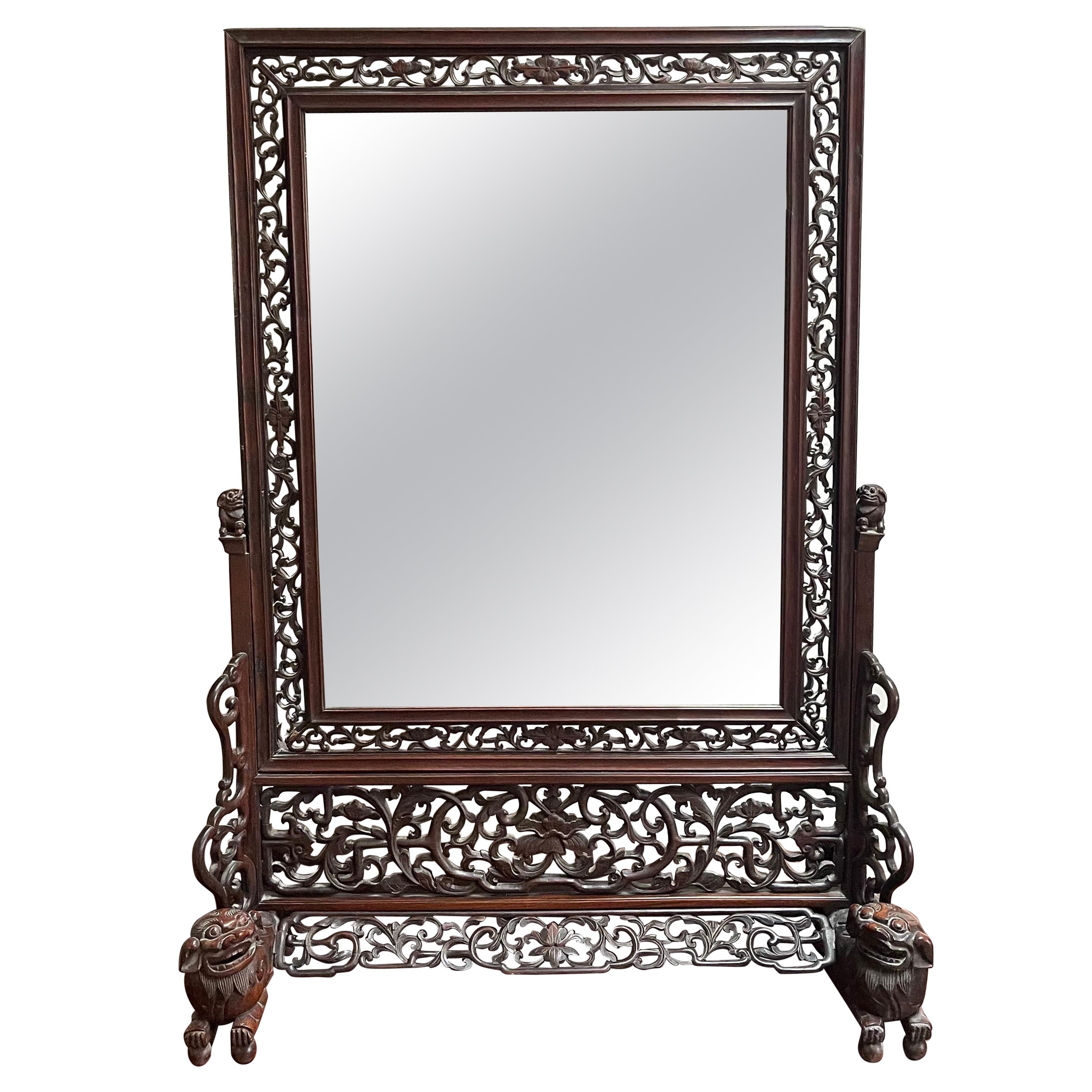 Large One-of-a-Kind Chinese Rosewood Table Mirror with Foo Dogs & Lattice Work For Sale