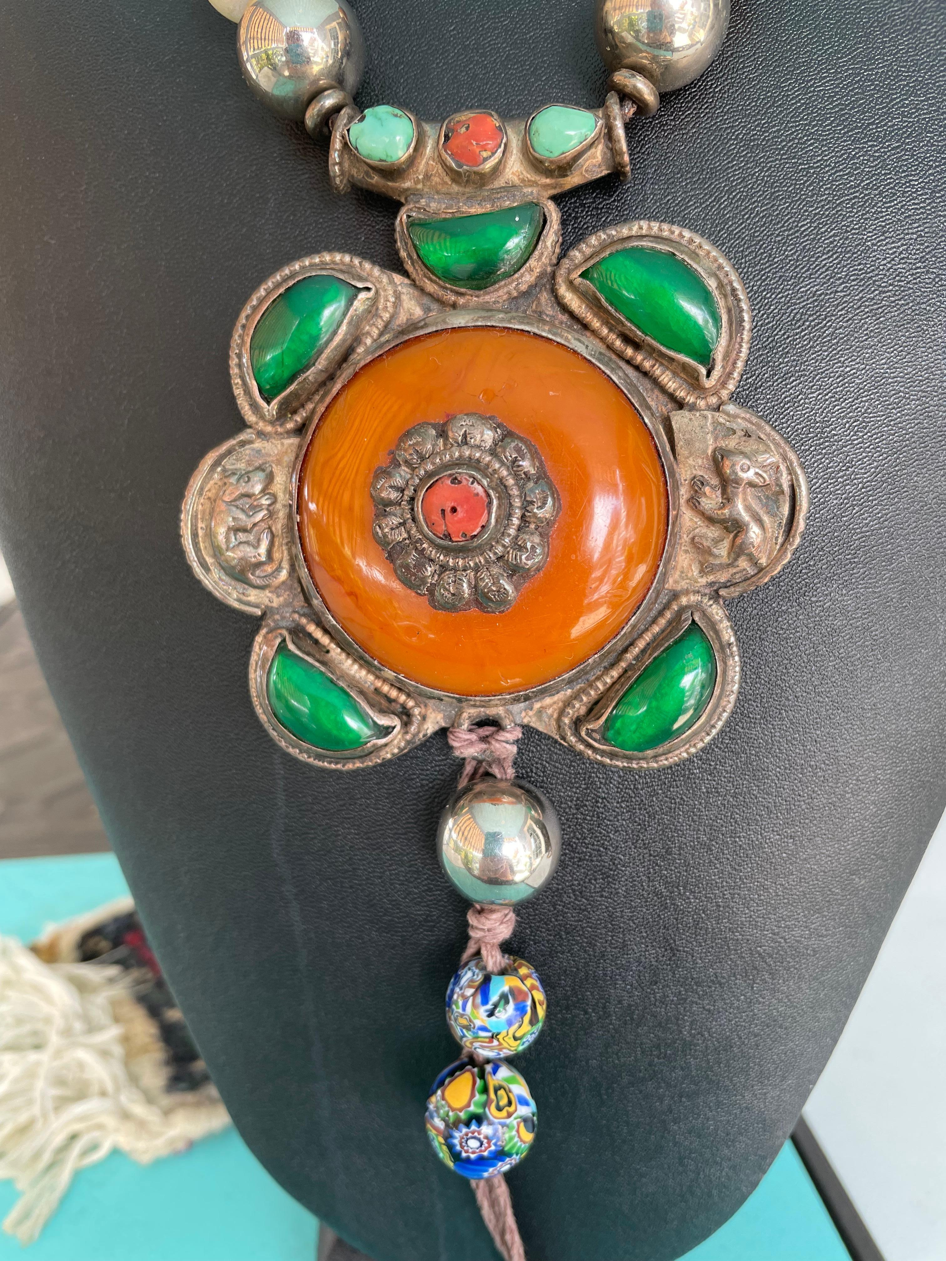 Anglo-Indian Large one of a kind, handmade, statement necklace with Tibetan pendant. For Sale