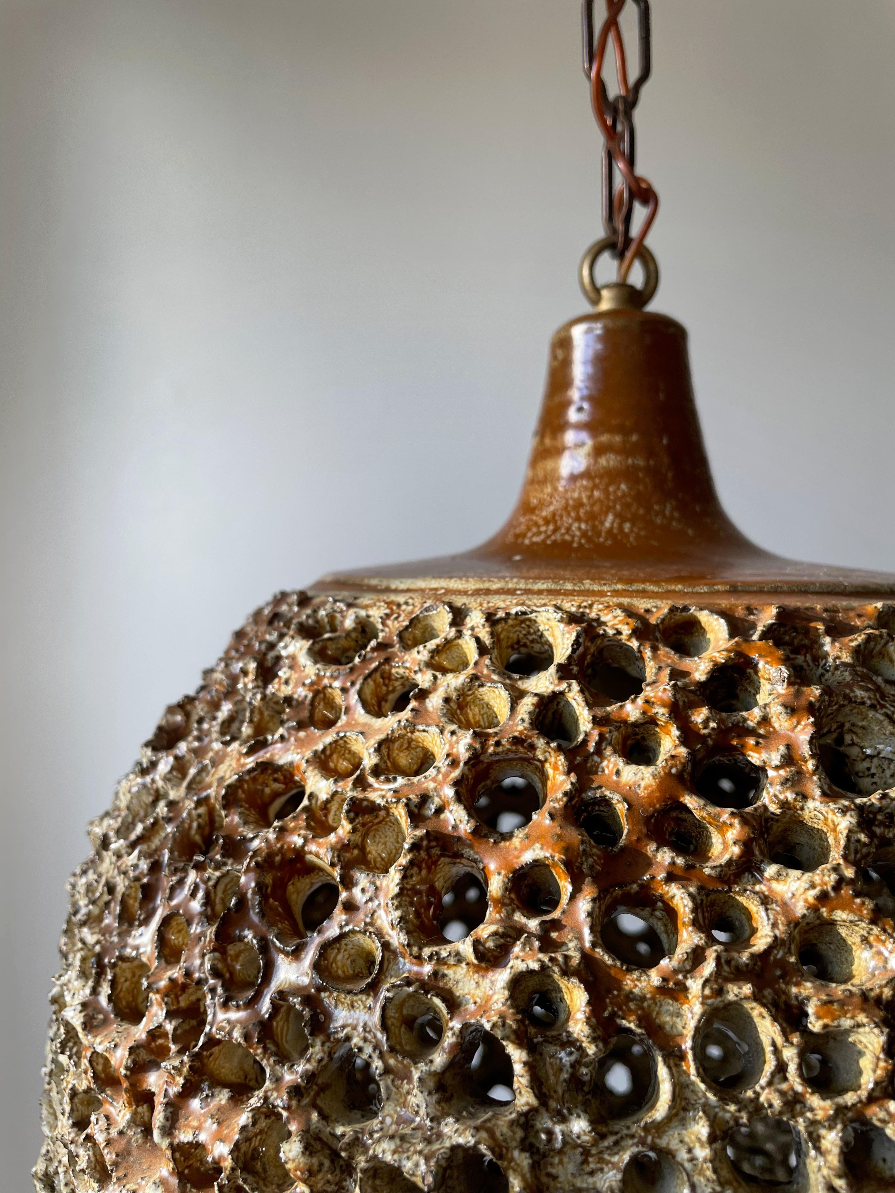 Hand-Crafted Large 1960s Handmade One-of-a-Kind Perforated Ceramic Danish Pendant For Sale