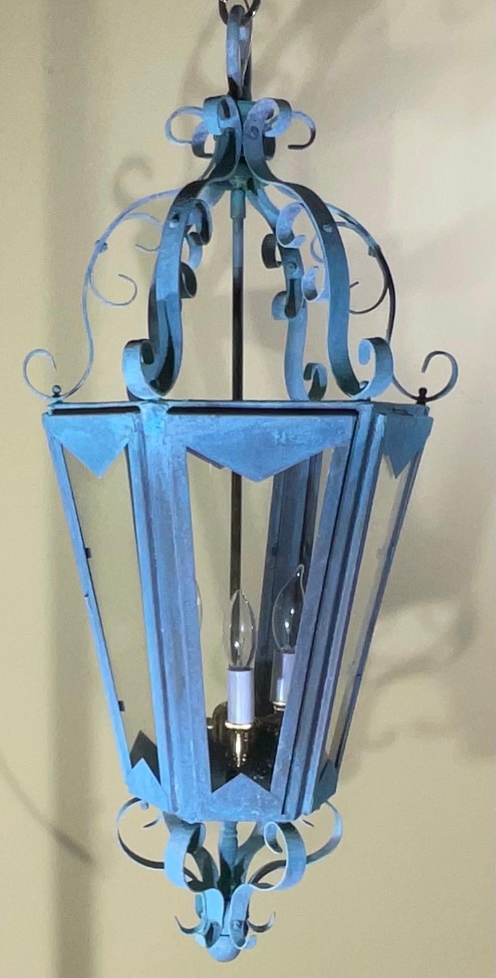 Large One Of A Kind Solid Copper & Brass Verdigris Patina Lantern -Meisner Style For Sale 4
