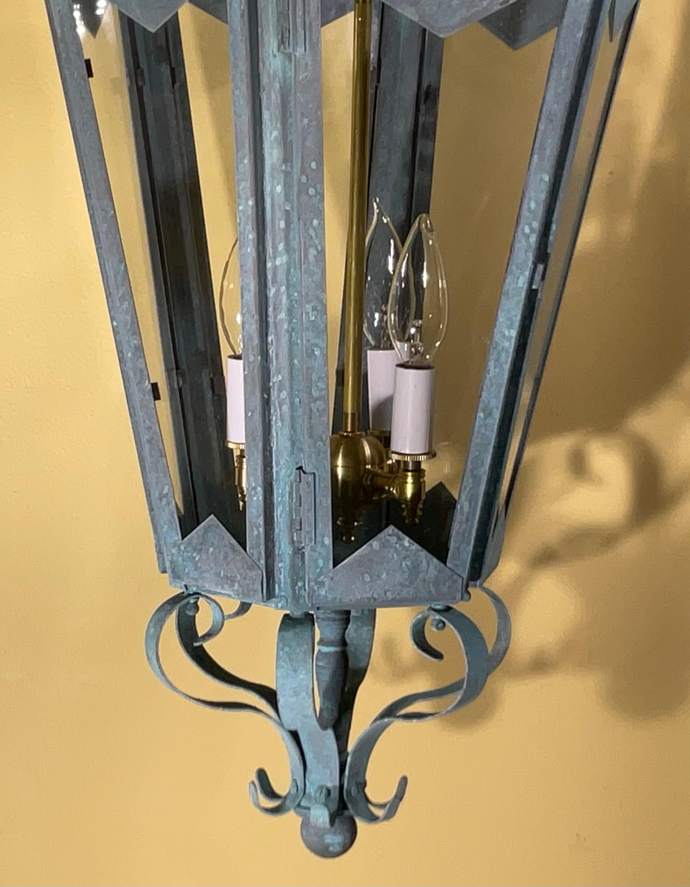 Large One Of A Kind Solid Copper & Brass Verdigris Patina Lantern -Meisner Style For Sale 4