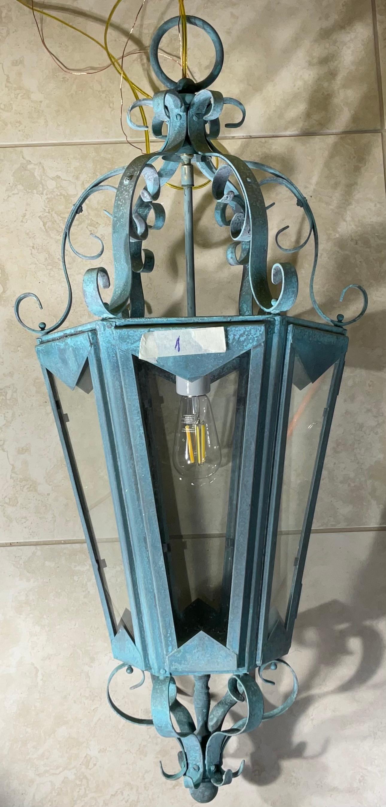 Large One Of A Kind Solid Copper & Brass Verdigris Patina Lantern -Meisner Style For Sale 5