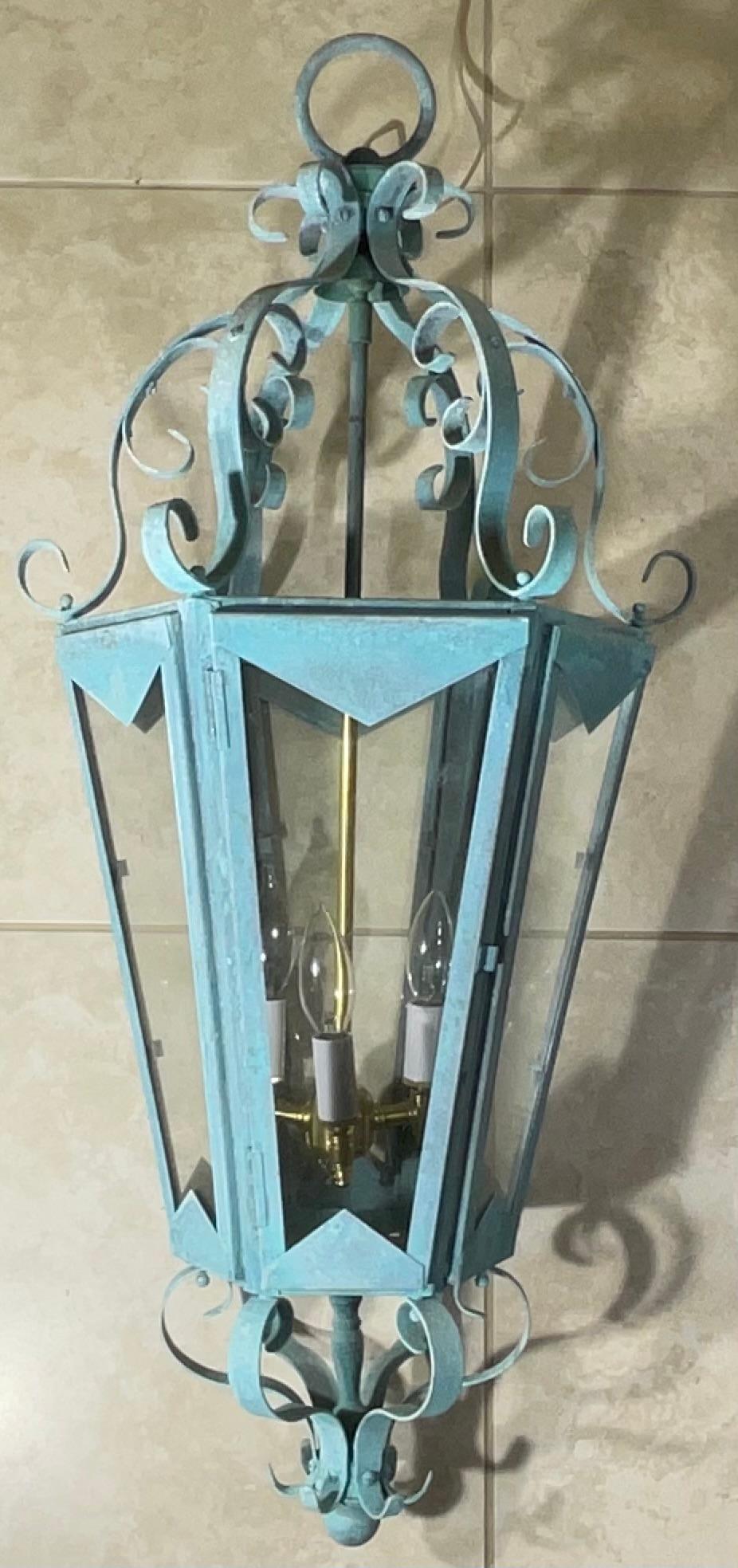 Large One Of A Kind Solid Copper & Brass Verdigris Patina Lantern -Meisner Style For Sale 5