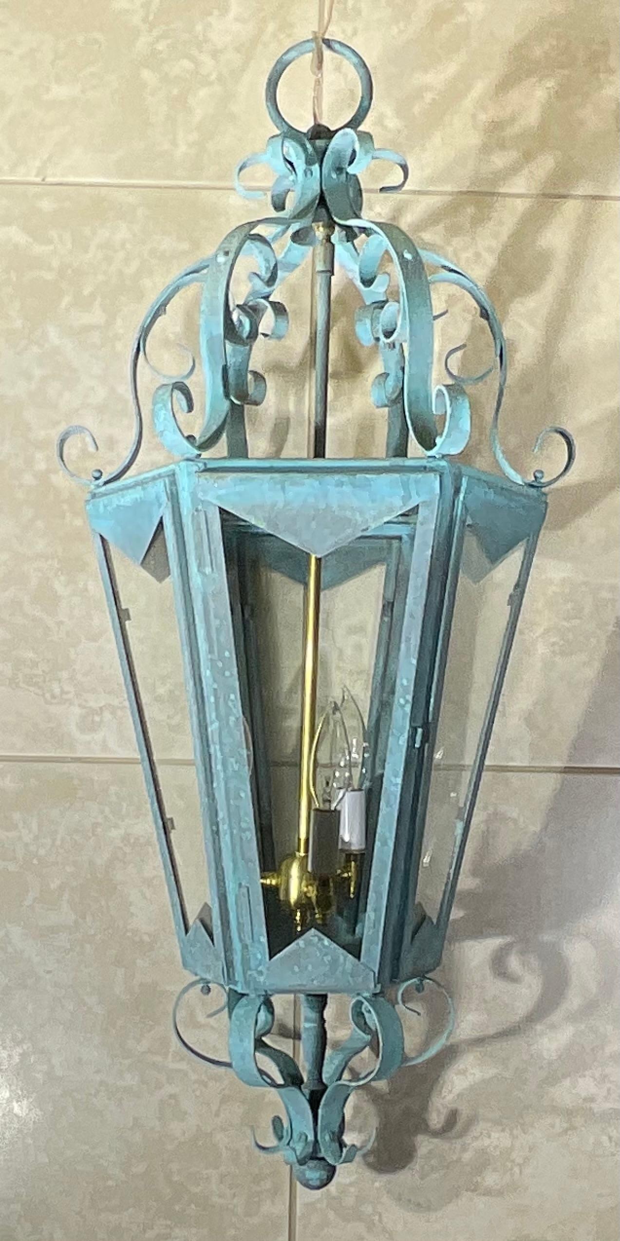 Large One Of A Kind Solid Copper & Brass Verdigris Patina Lantern -Meisner Style For Sale 5