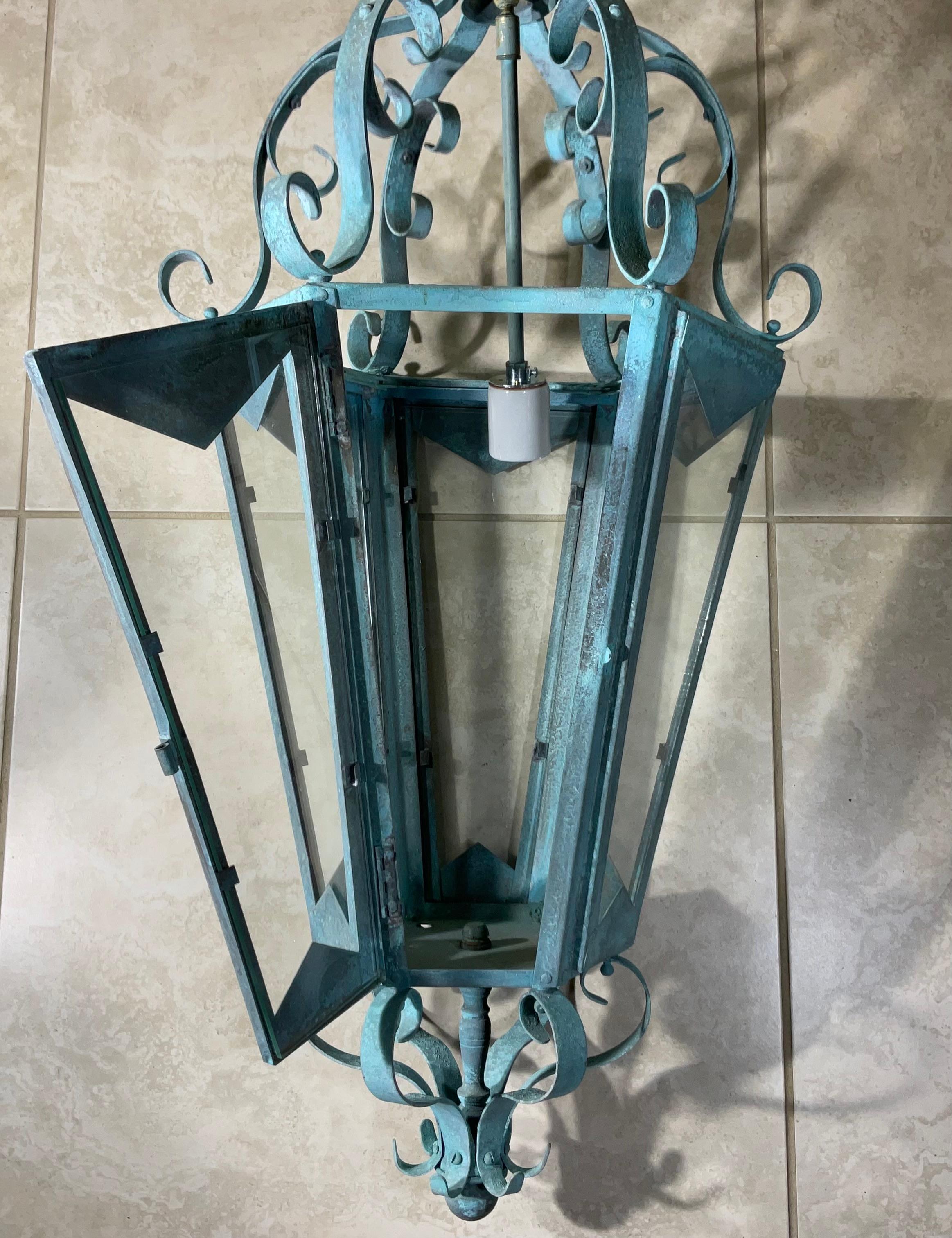 Large One Of A Kind Solid Copper & Brass Verdigris Patina Lantern -Meisner Style For Sale 6