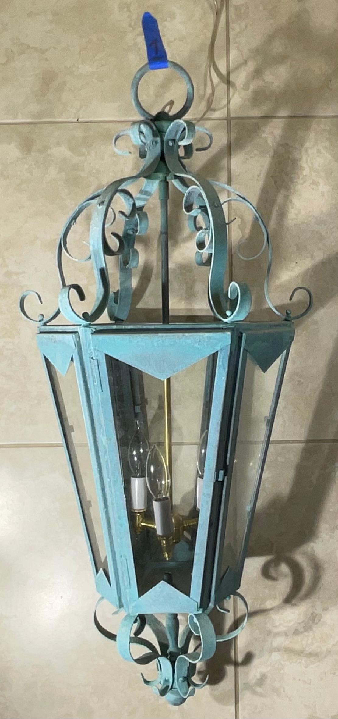 Large One Of A Kind Solid Copper & Brass Verdigris Patina Lantern -Meisner Style For Sale 6