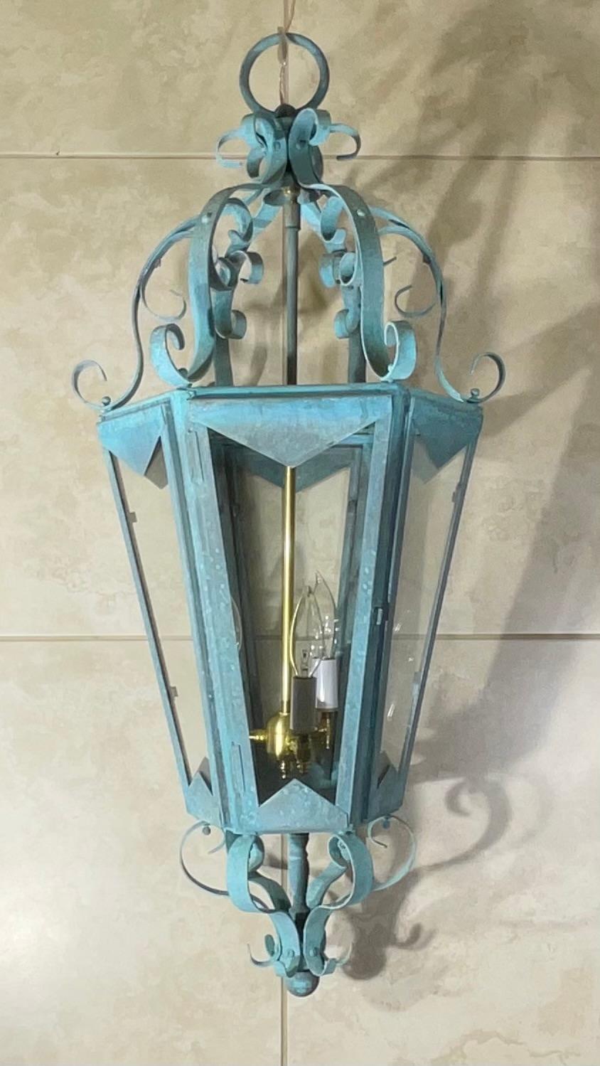 Large One Of A Kind Solid Copper & Brass Verdigris Patina Lantern -Meisner Style For Sale 6