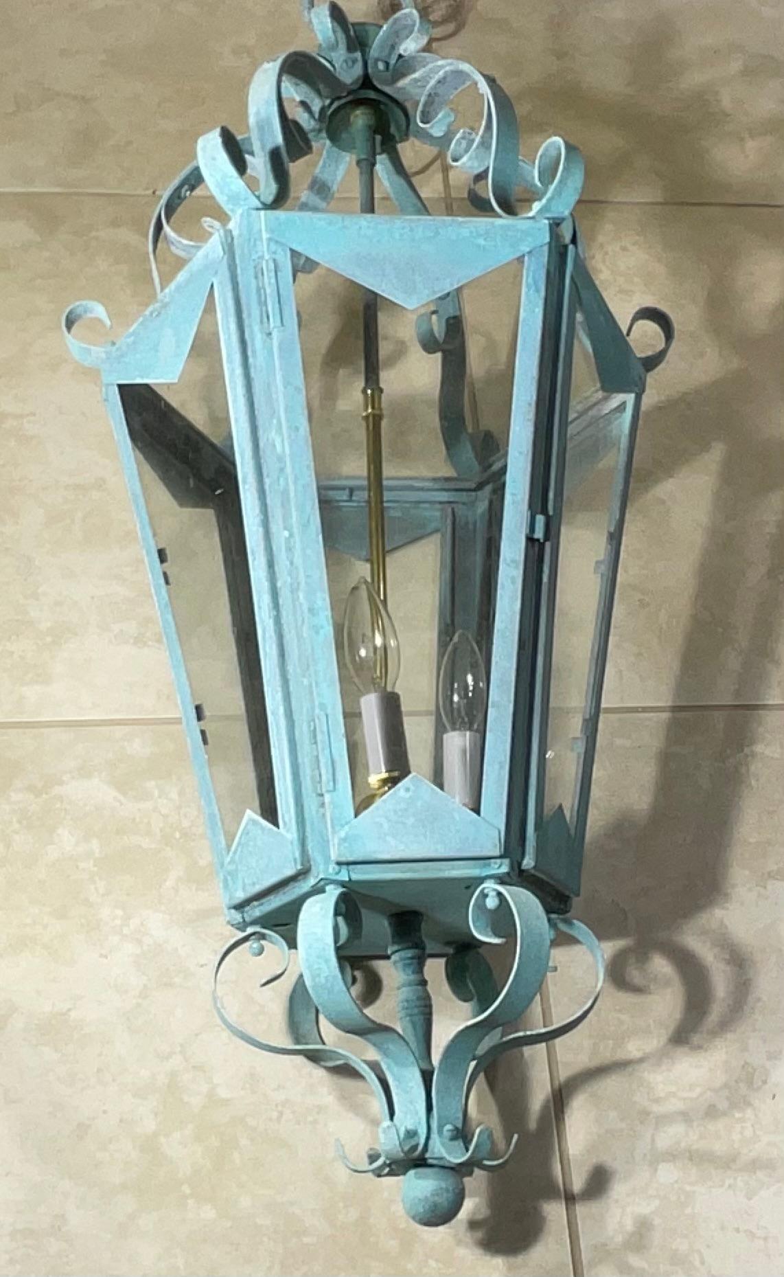 Large One Of A Kind Solid Copper & Brass Verdigris Patina Lantern -Meisner Style For Sale 7