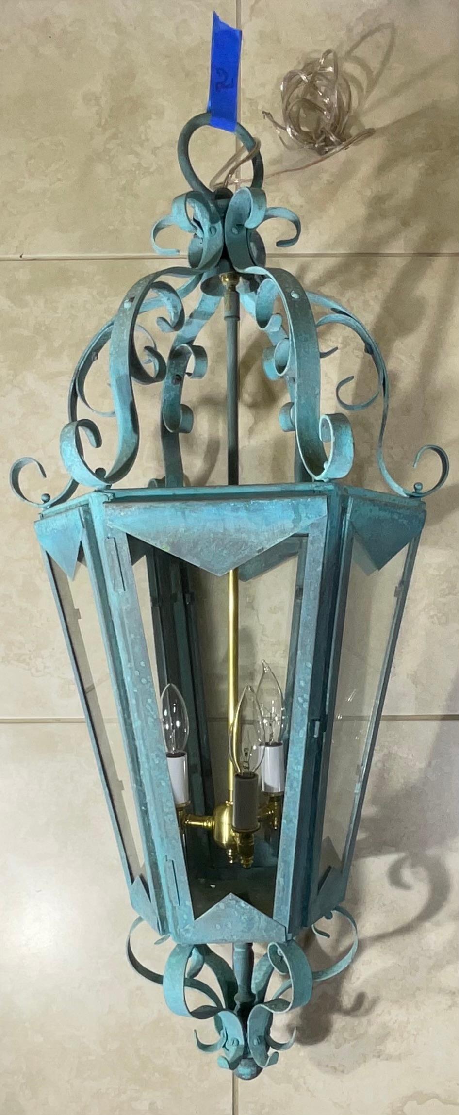 Large One Of A Kind Solid Copper & Brass Verdigris Patina Lantern -Meisner Style For Sale 7
