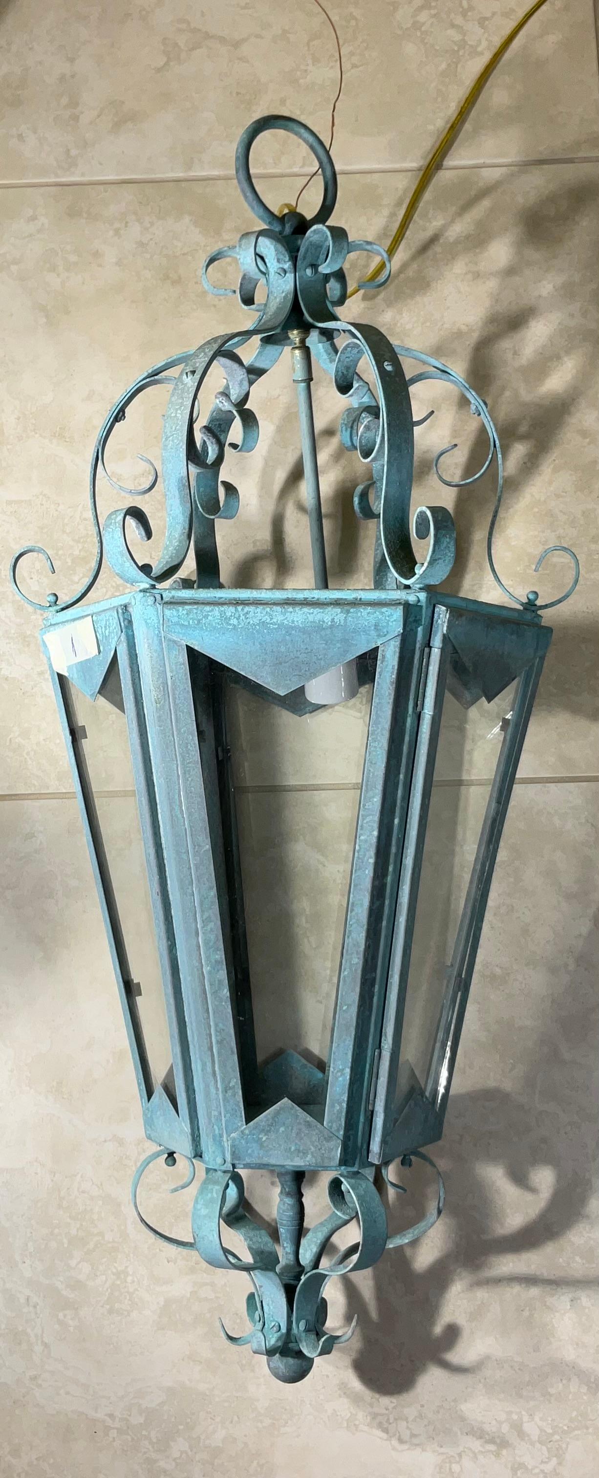 Large One Of A Kind Solid Copper & Brass Verdigris Patina Lantern -Meisner Style For Sale 8