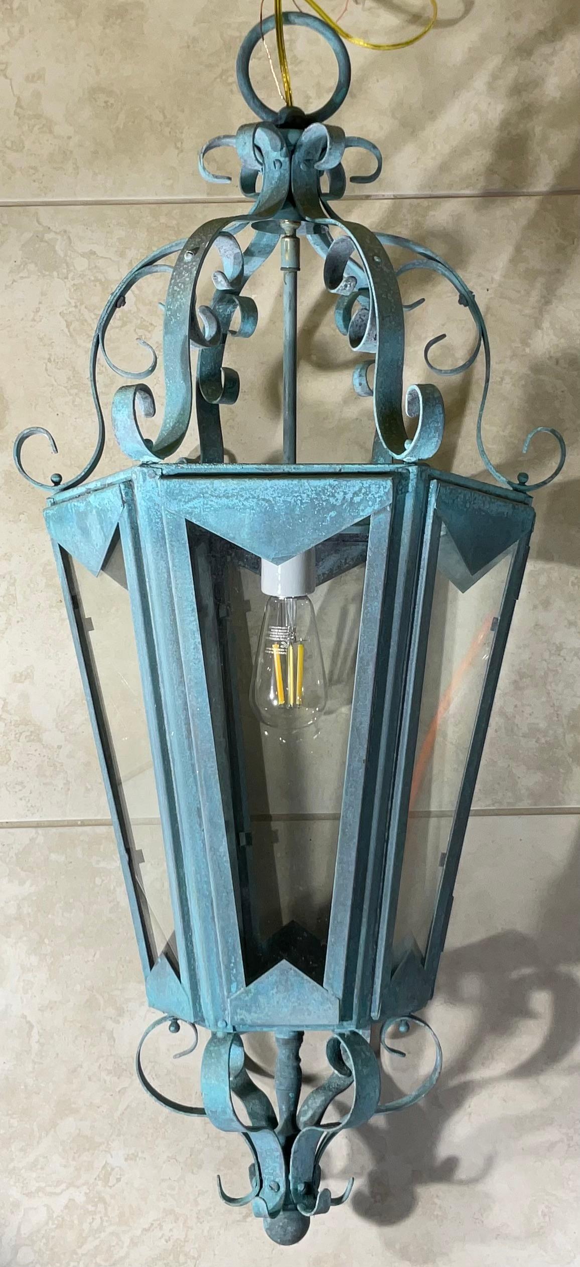Large One Of A Kind Solid Copper & Brass Verdigris Patina Lantern -Meisner Style For Sale 9