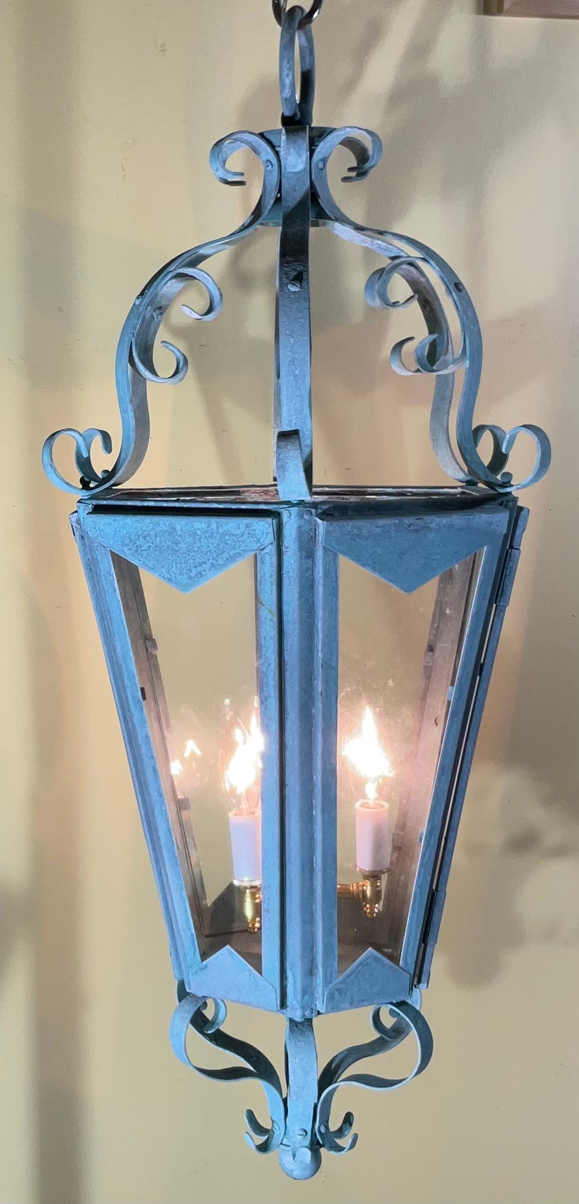American Large One Of A Kind Solid Copper & Brass Verdigris Patina Lantern -Meisner Style For Sale