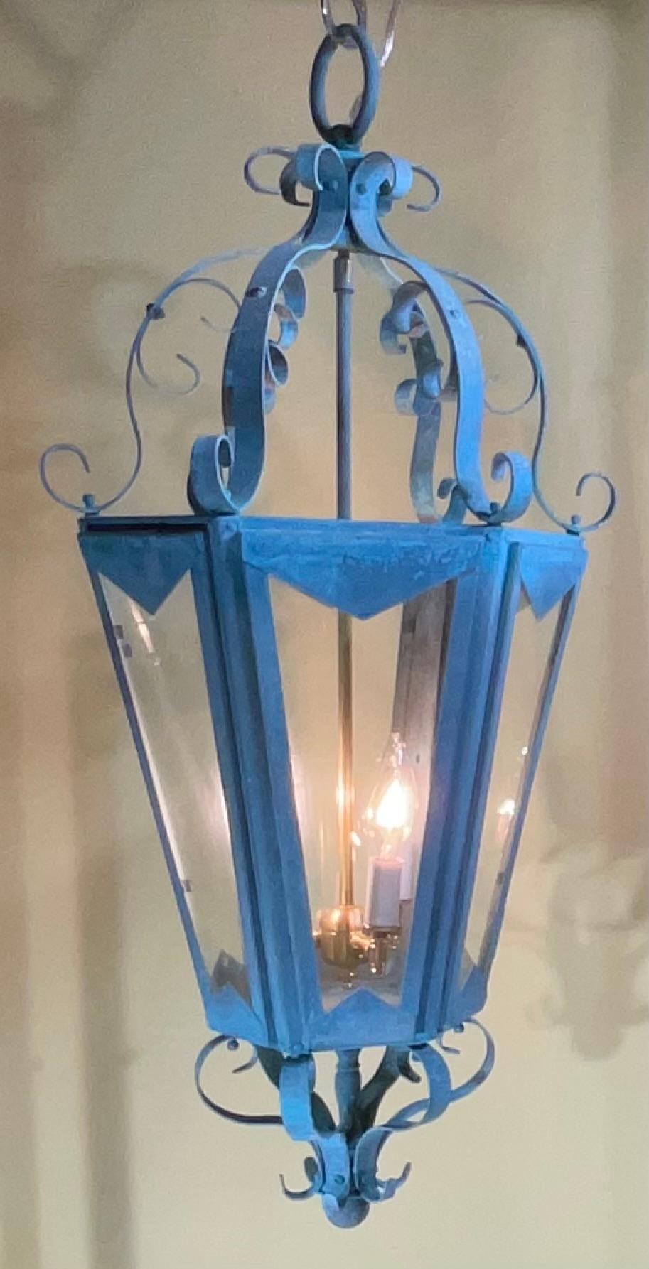 American Large One Of A Kind Solid Copper & Brass Verdigris Patina Lantern -Meisner Style For Sale