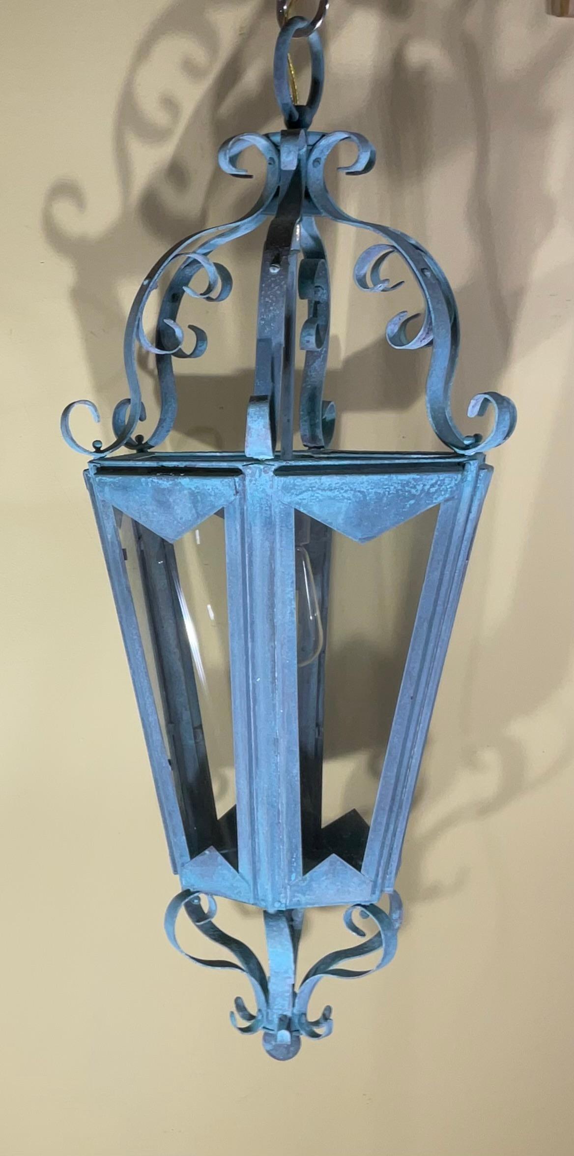 Hand-Crafted Large One Of A Kind Solid Copper & Brass Verdigris Patina Lantern -Meisner Style For Sale