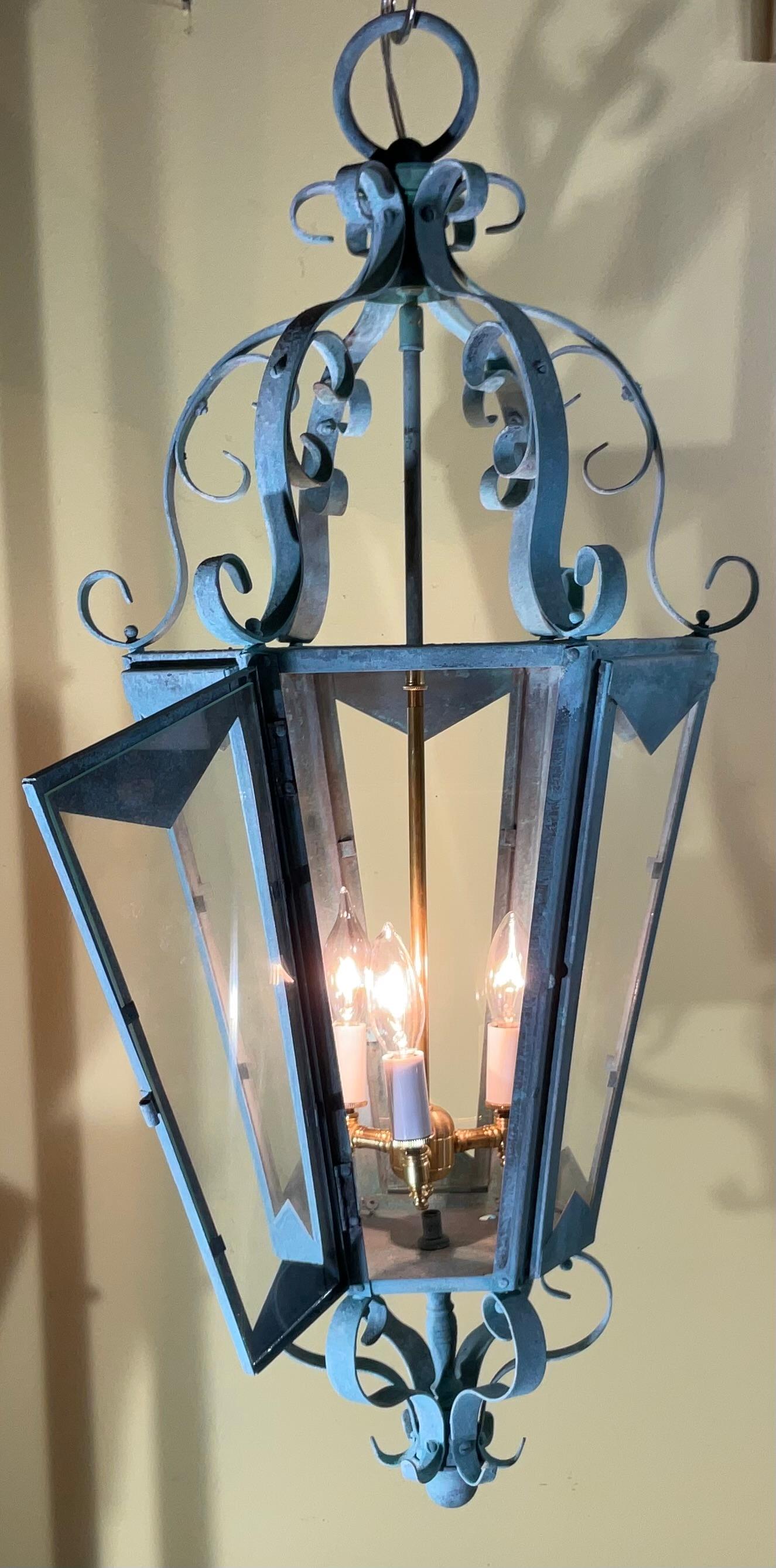 Hand-Crafted Large One Of A Kind Solid Copper & Brass Verdigris Patina Lantern -Meisner Style For Sale