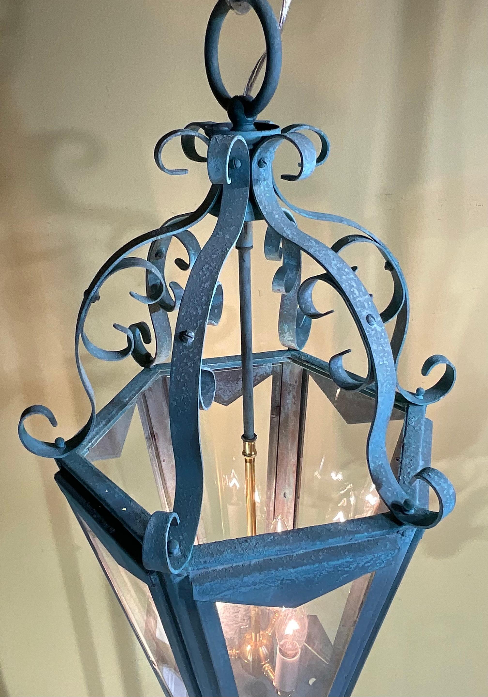Hand-Crafted Large One Of A Kind Solid Copper & Brass Verdigris Patina Lantern -Meisner Style For Sale