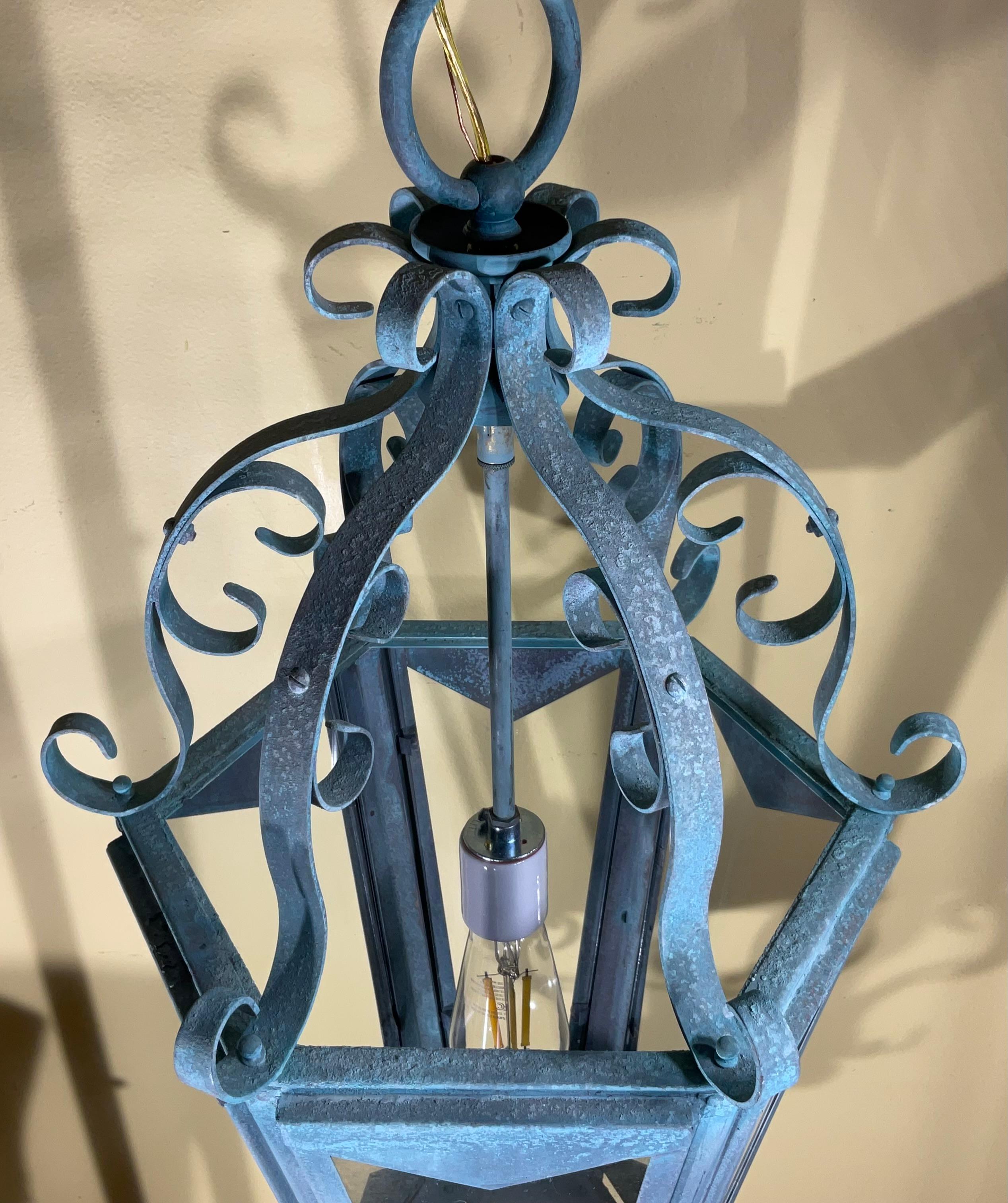 Large One Of A Kind Solid Copper & Brass Verdigris Patina Lantern -Meisner Style In Good Condition For Sale In Delray Beach, FL