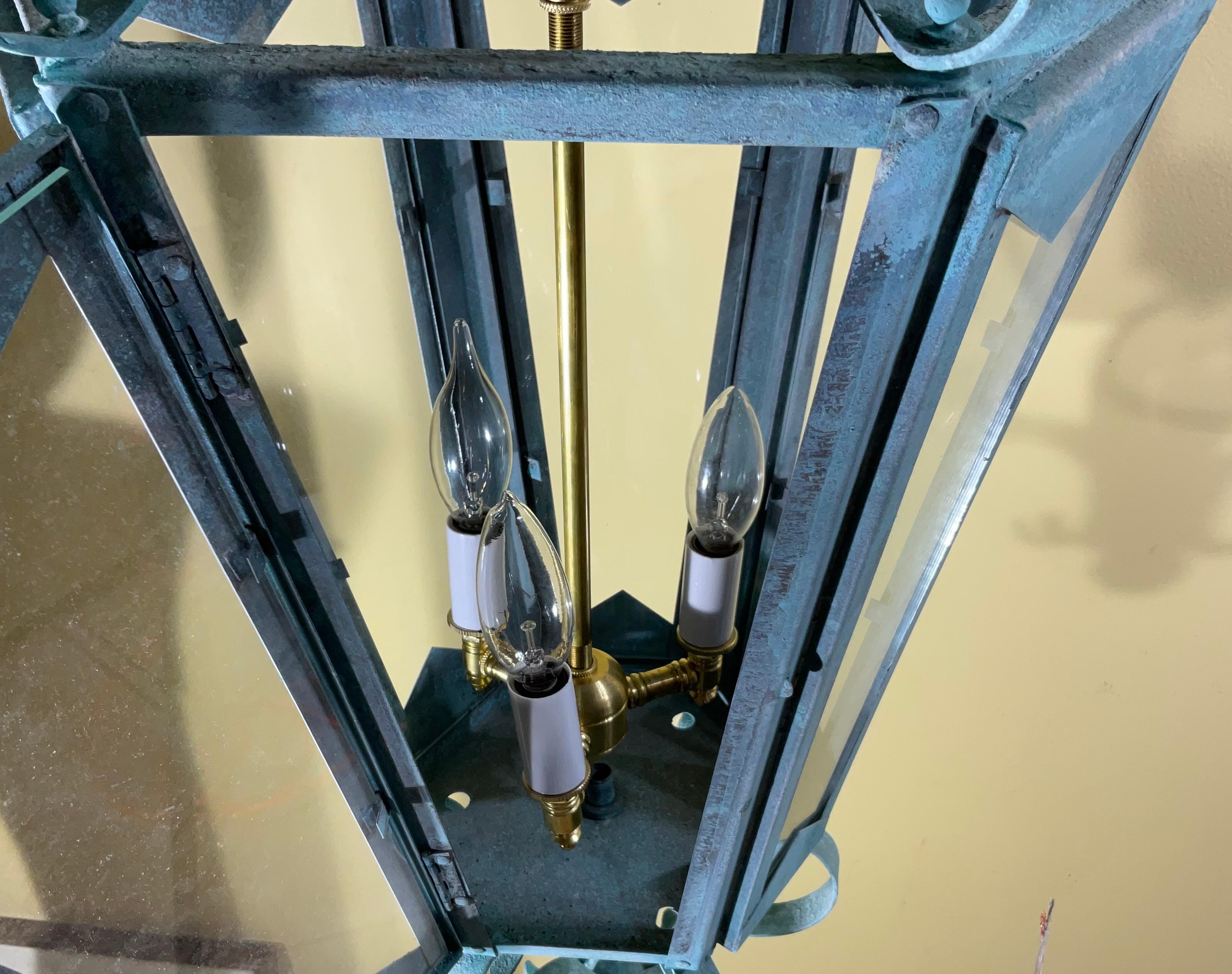 Large One Of A Kind Solid Copper & Brass Verdigris Patina Lantern -Meisner Style In Good Condition For Sale In Delray Beach, FL